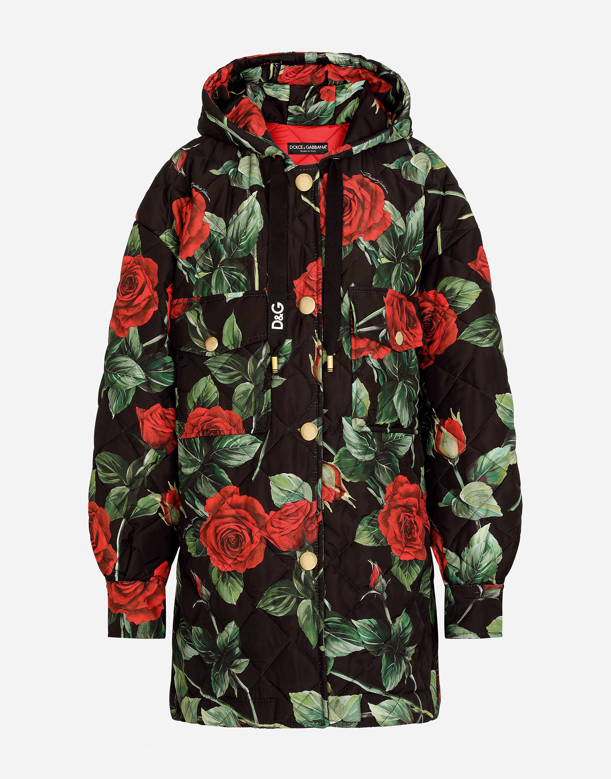 Quilted cordura jacket with rose print and hood in Multicolor