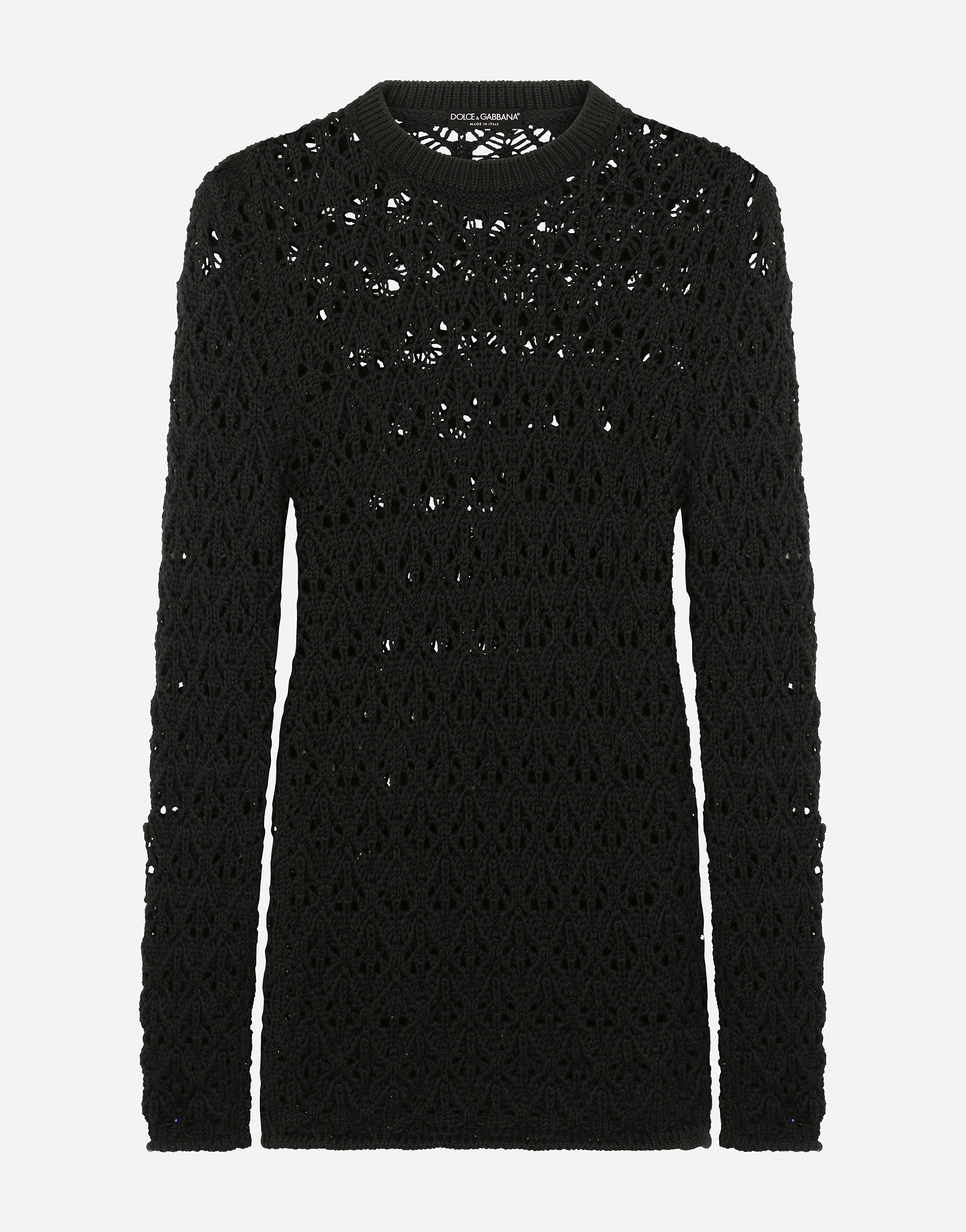Round-neck wool lace-stitch top in Black