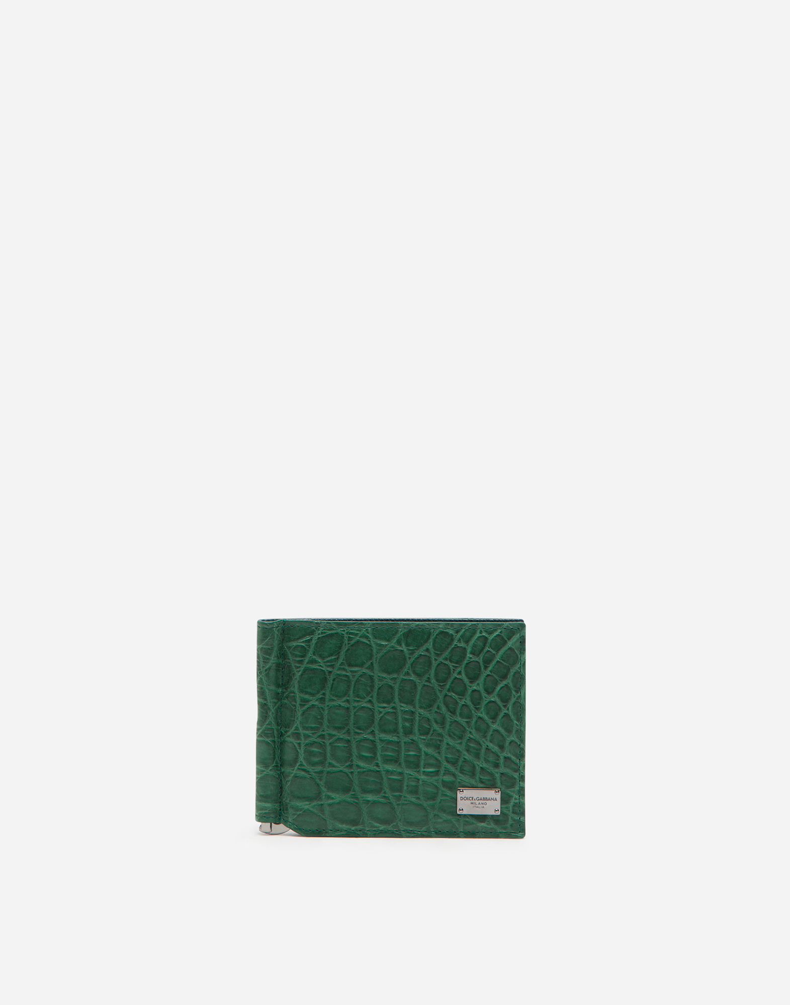 Crocodile bifold wallet with money clip and branded tag in Green