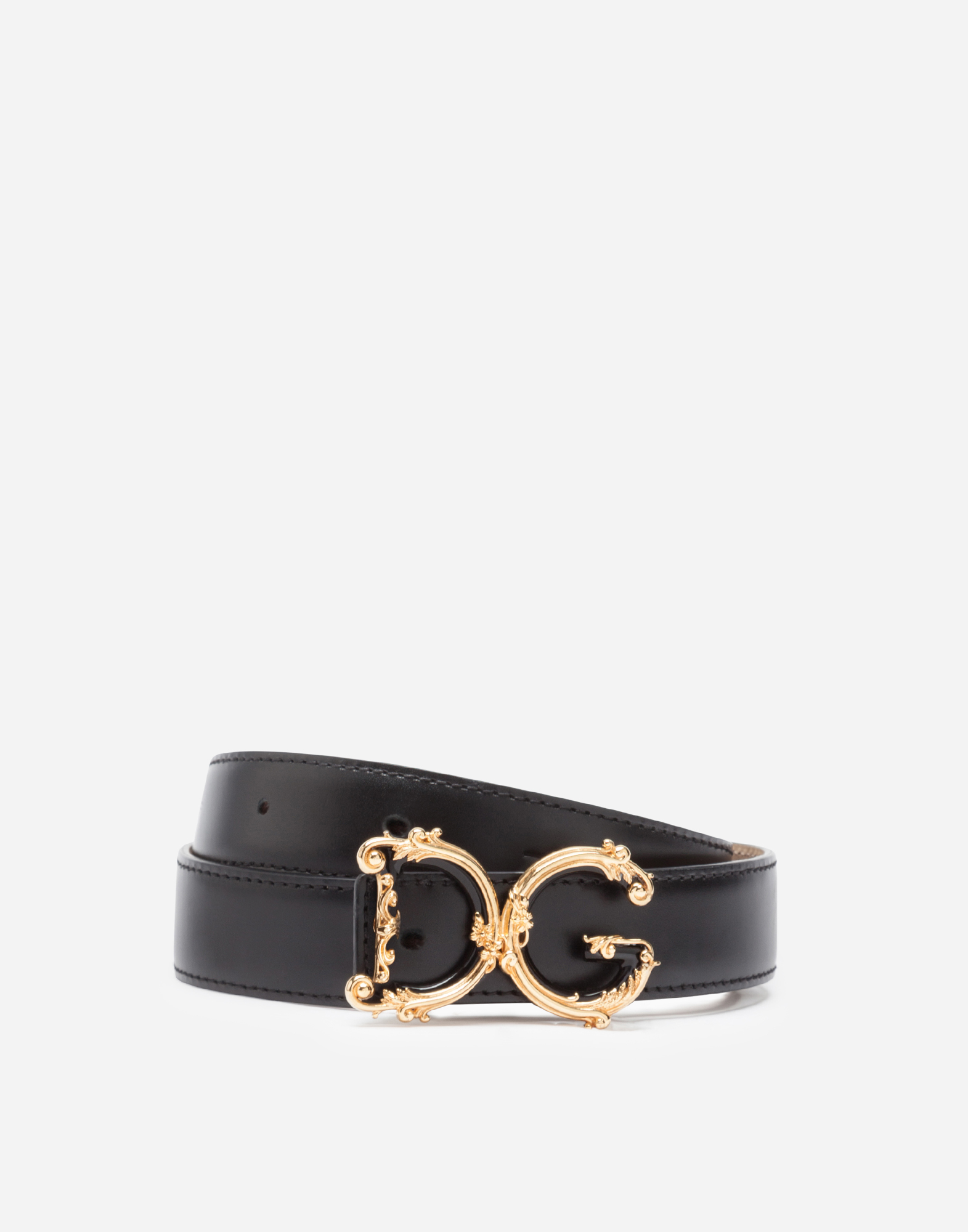 Leather belt with DG baroque logo in Black