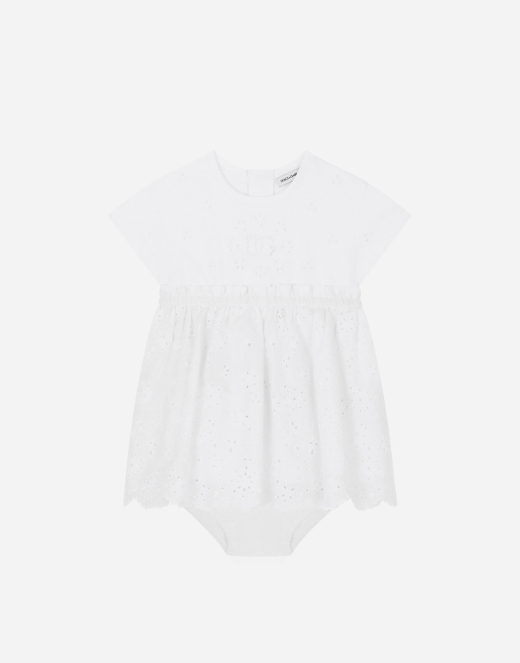 Embroidered poplin and jersey dress in White