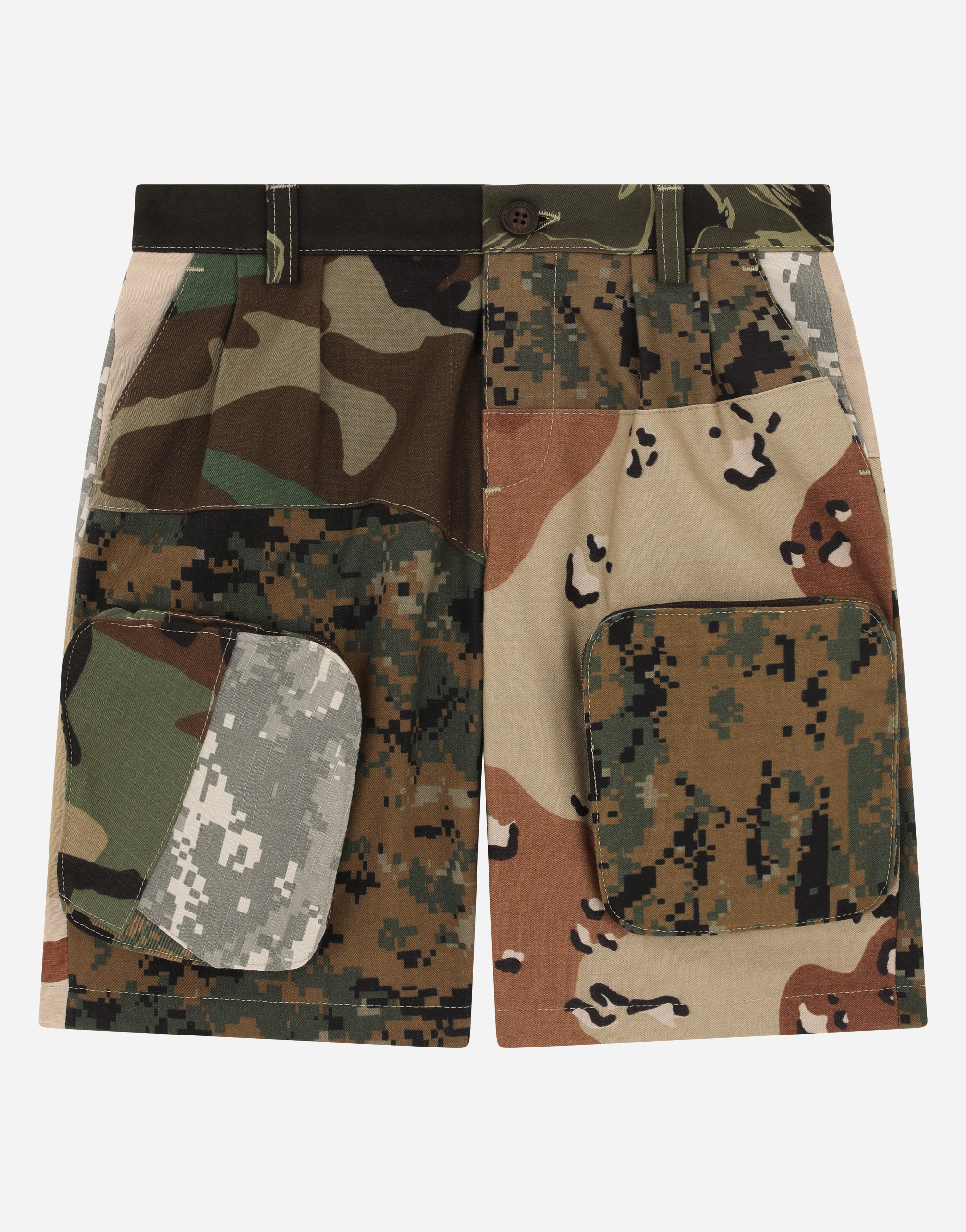 Camouflage-design mixed-material shorts in Multicolor