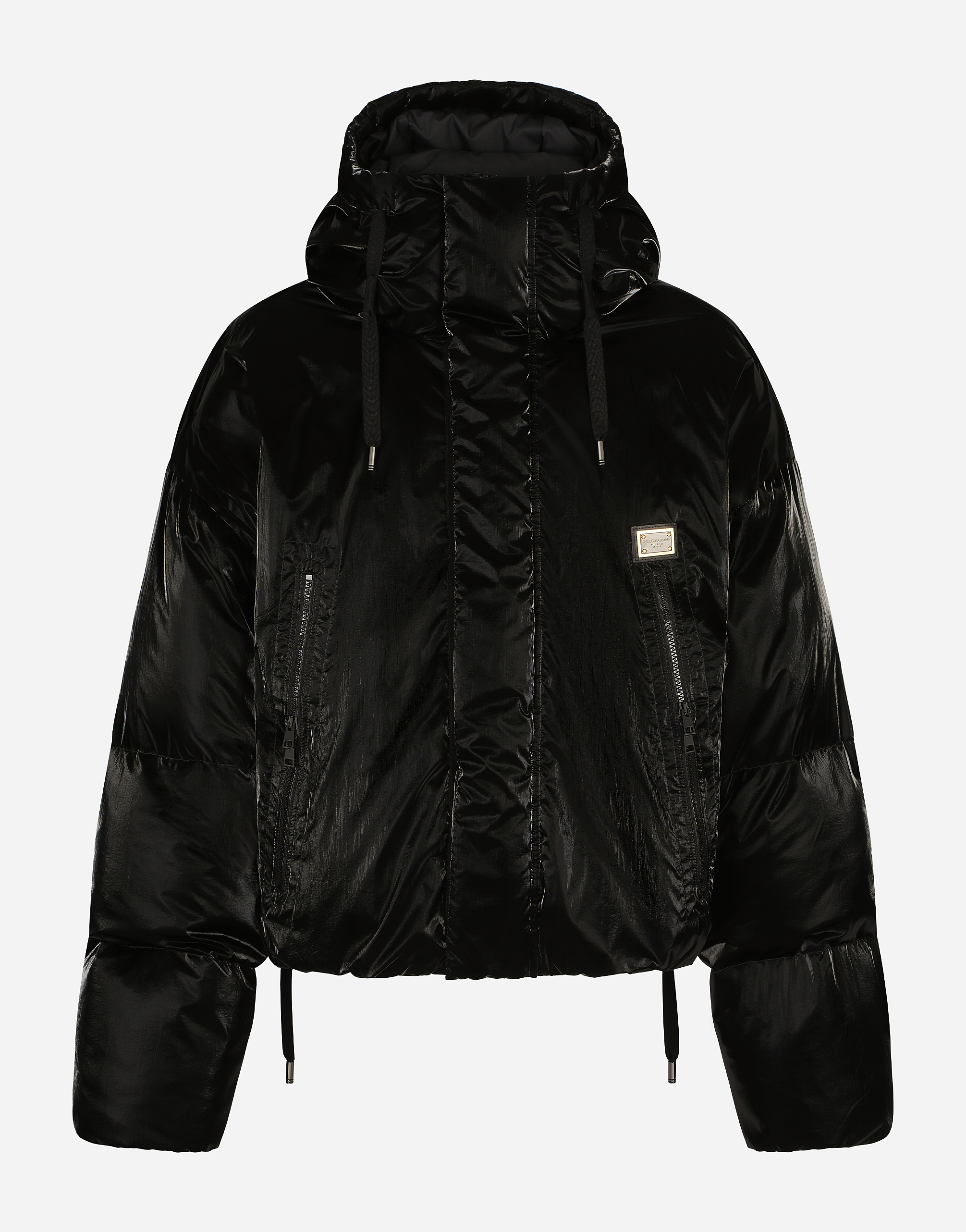 Shiny nylon jacket with hood and tag in Multicolor