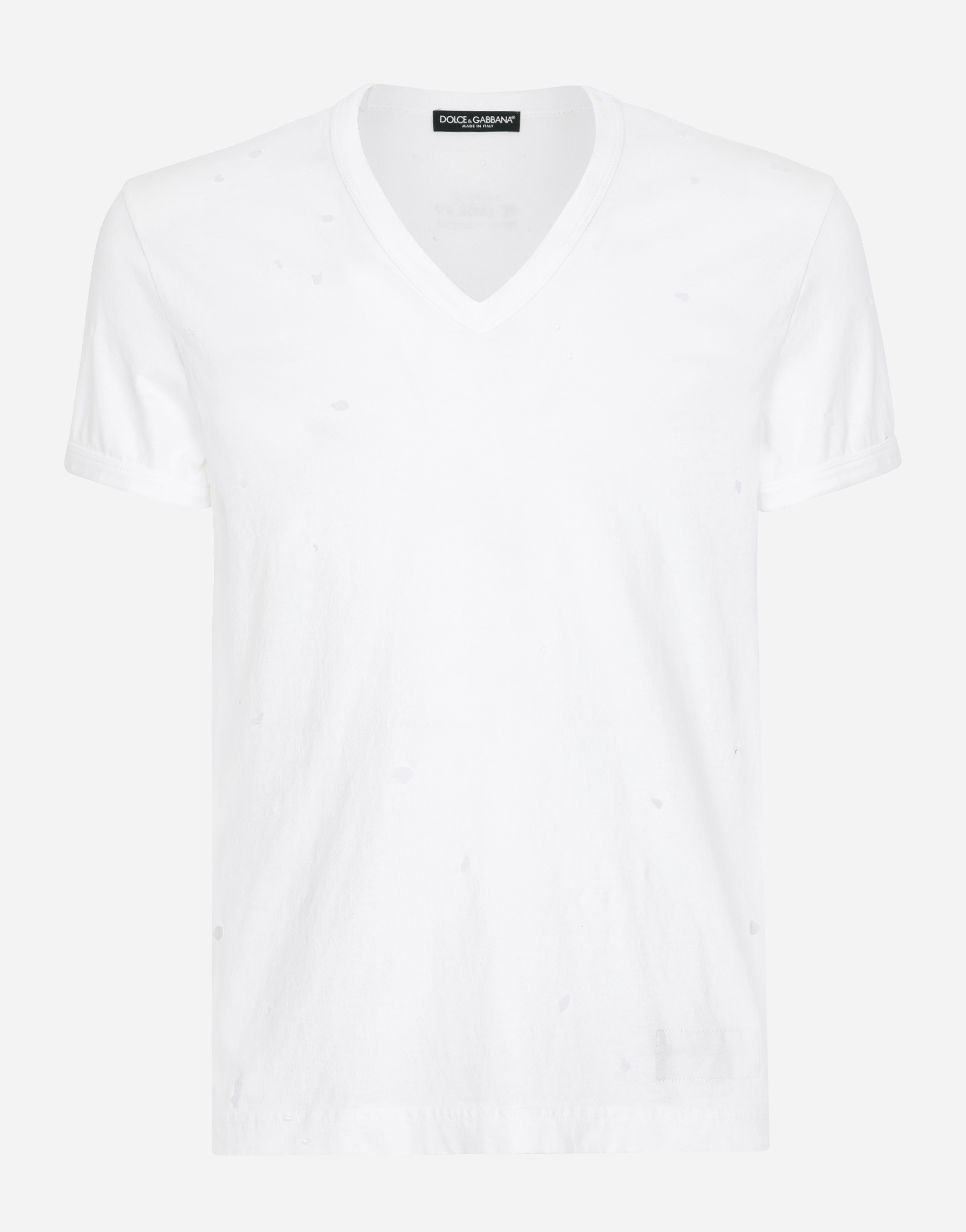 Washed cotton V-neck T-shirt in White