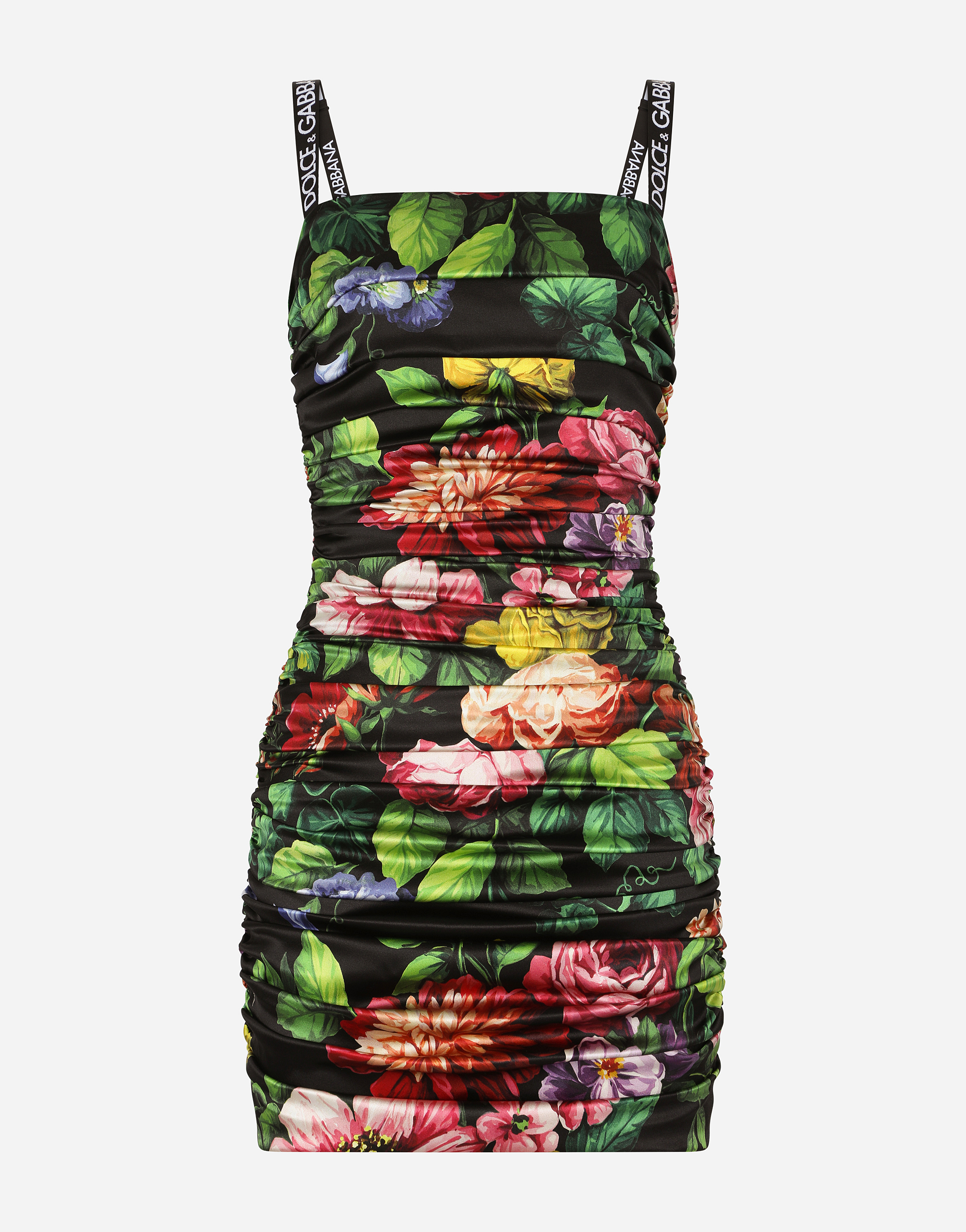 Short satin dress with cretonne floral print in Multicolor