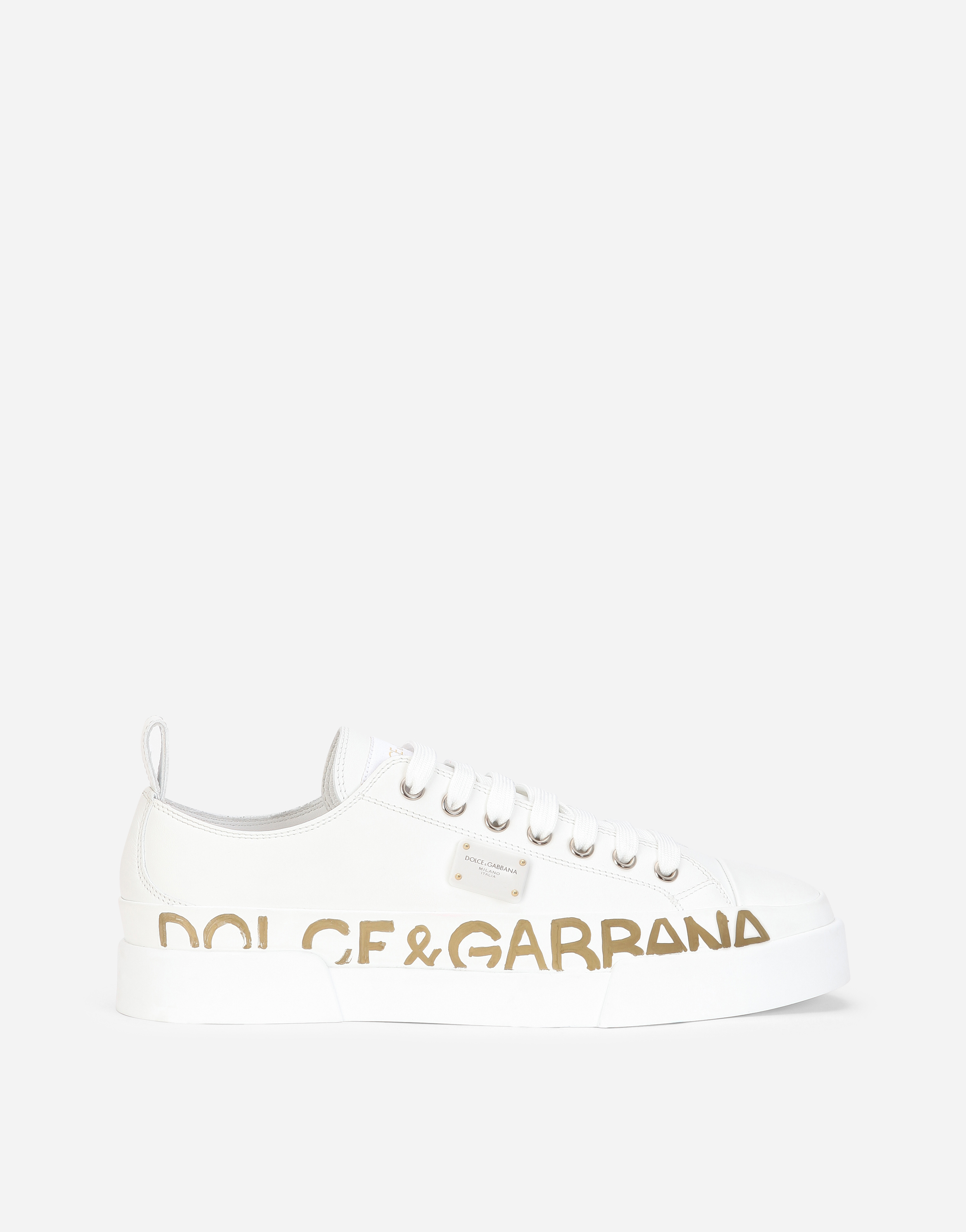 Calfskin Portofino light sneakers with logo-detailed plate and logo print  in White for Women | Dolce&Gabbana®