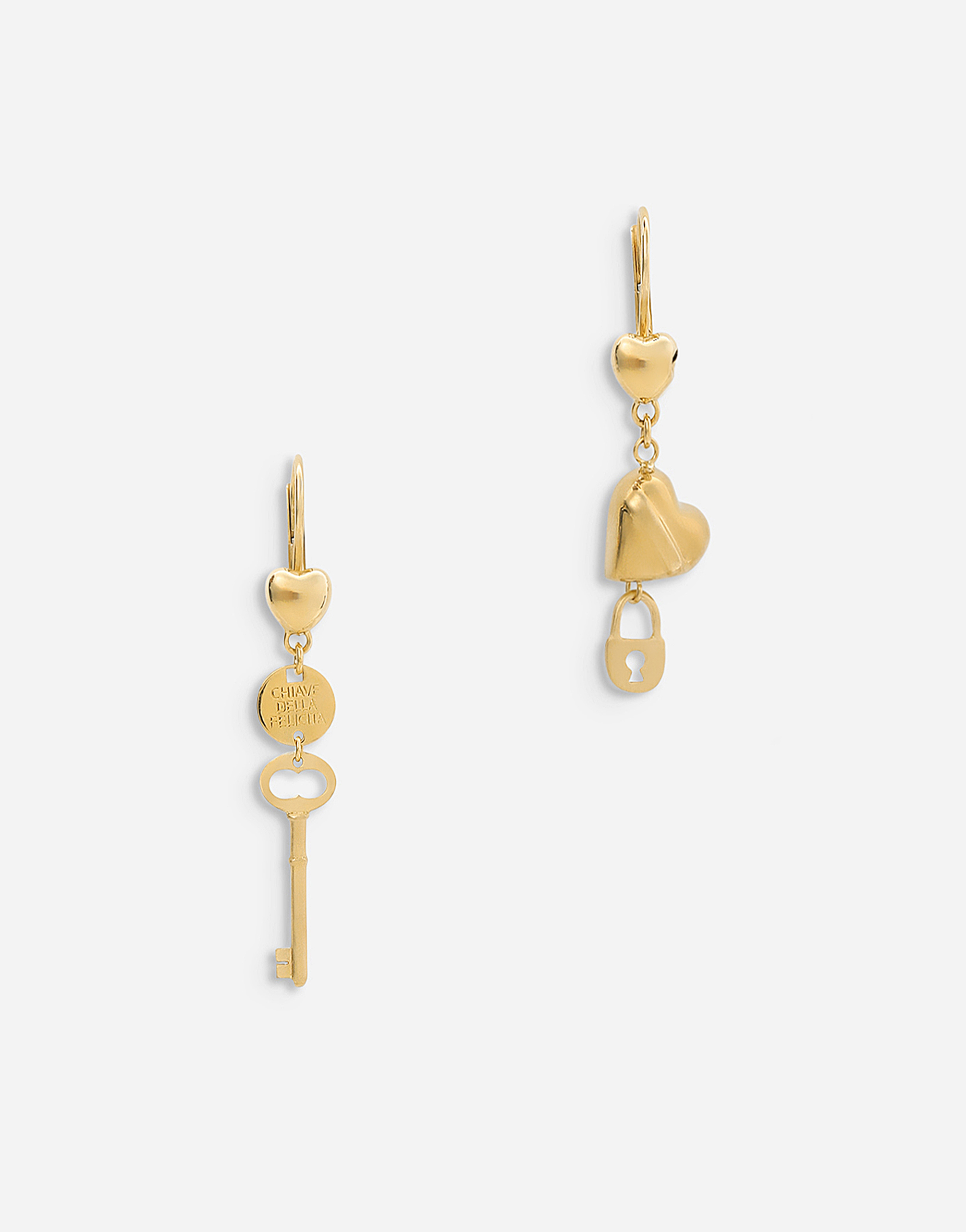 Good Luck earrings in yellow 18kt gold with heart, padlock and key in Gold