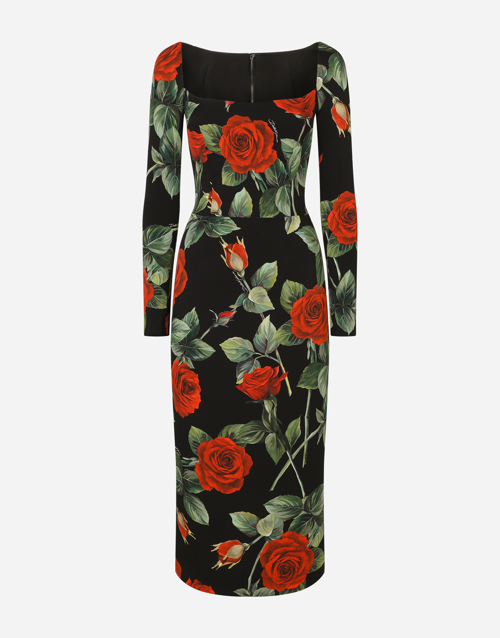 Charmeuse calf-length dress with rose print in Multicolor