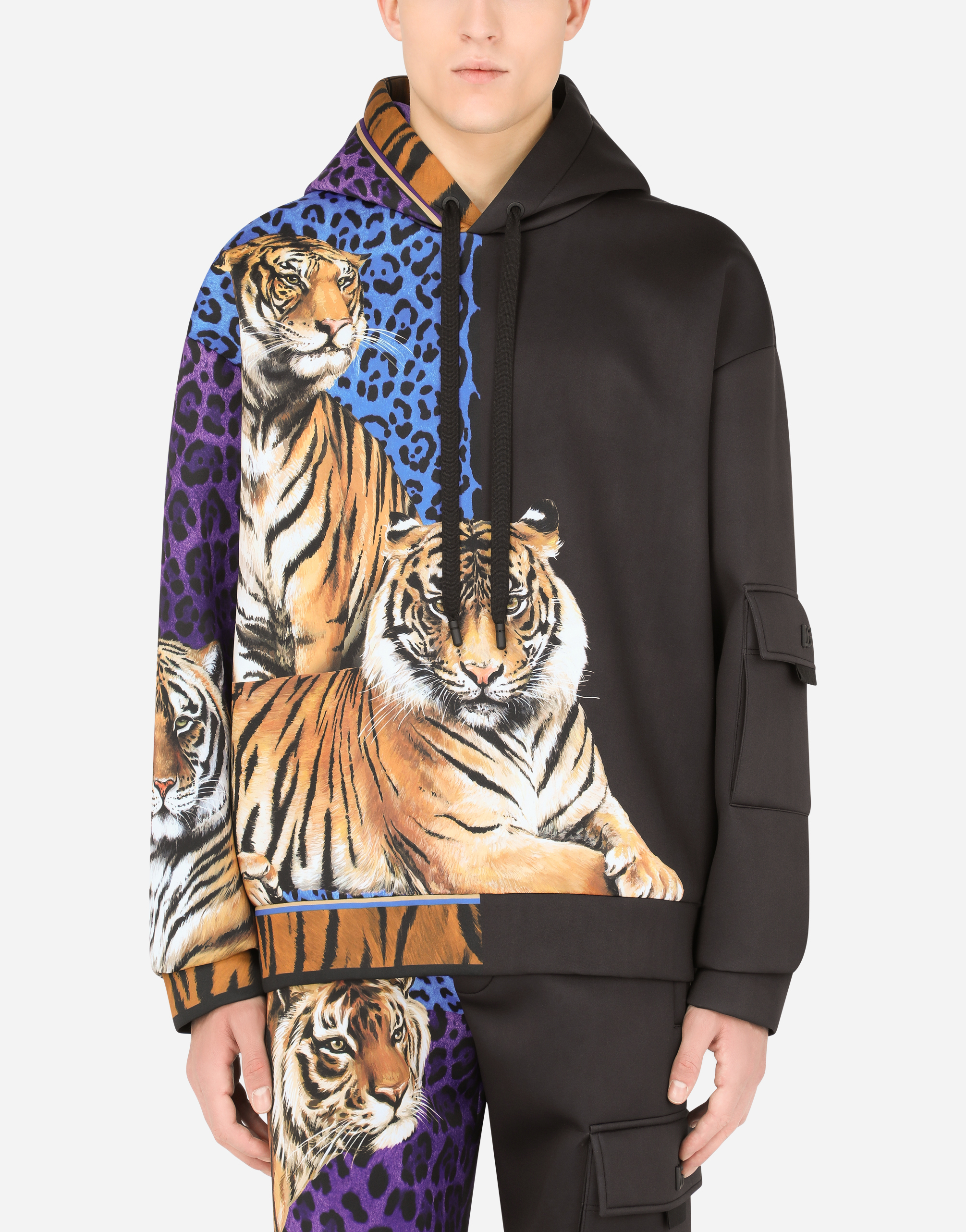 Technical jersey hoodie with tiger print in Multicolor