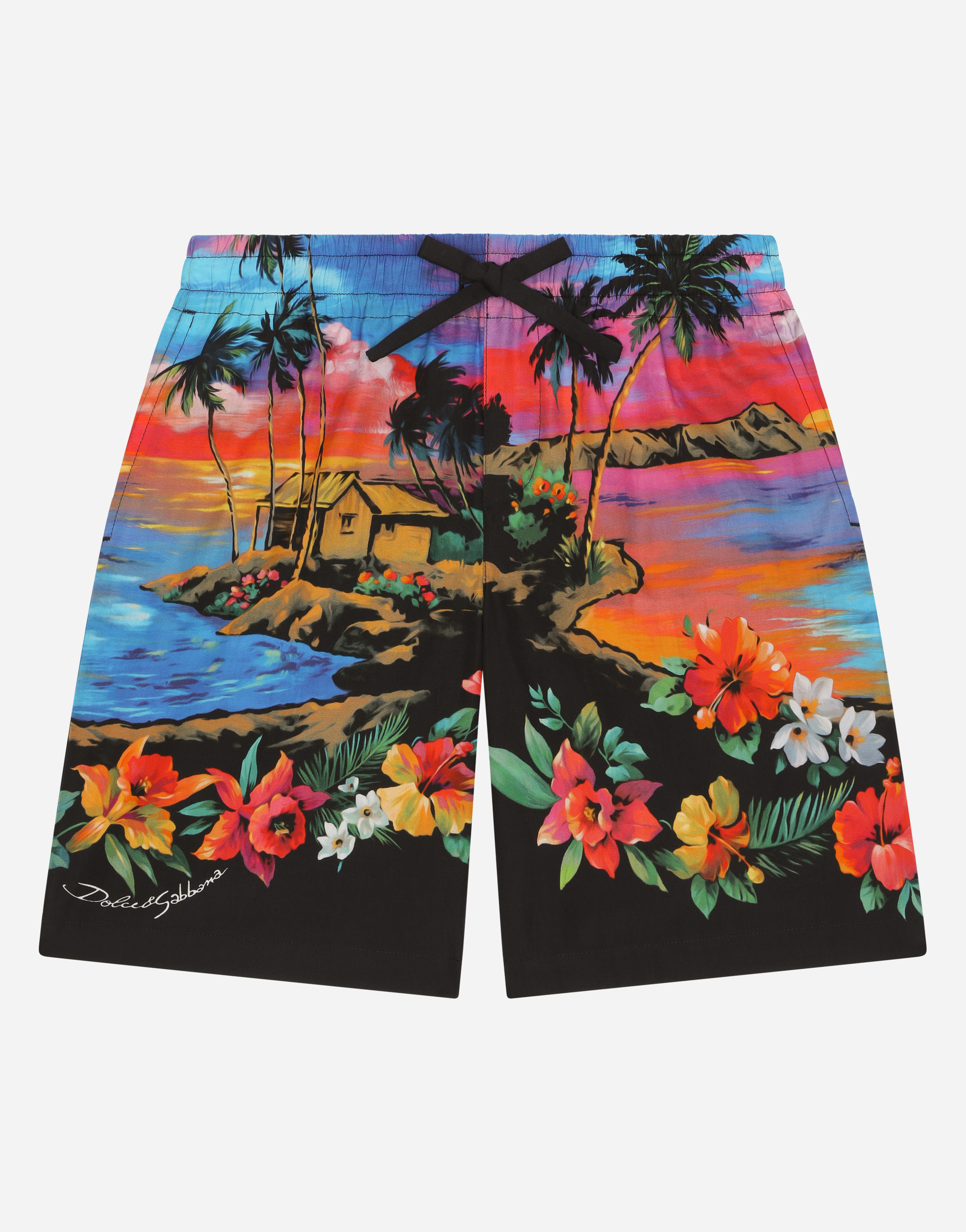 Poplin jogging shorts with Hawaiian print in Multicolor