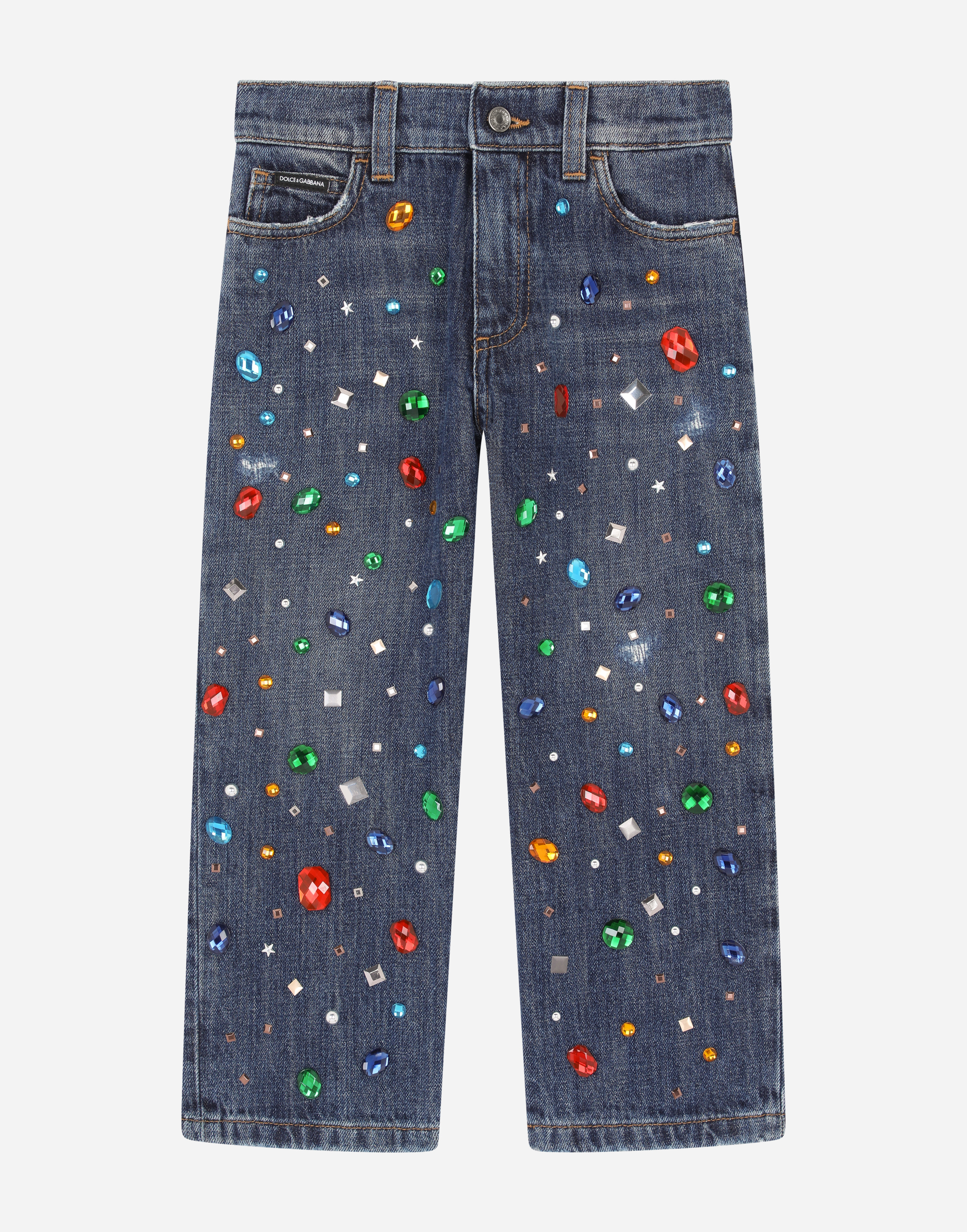Loose jeans with fusible rhinestones in Multicolor