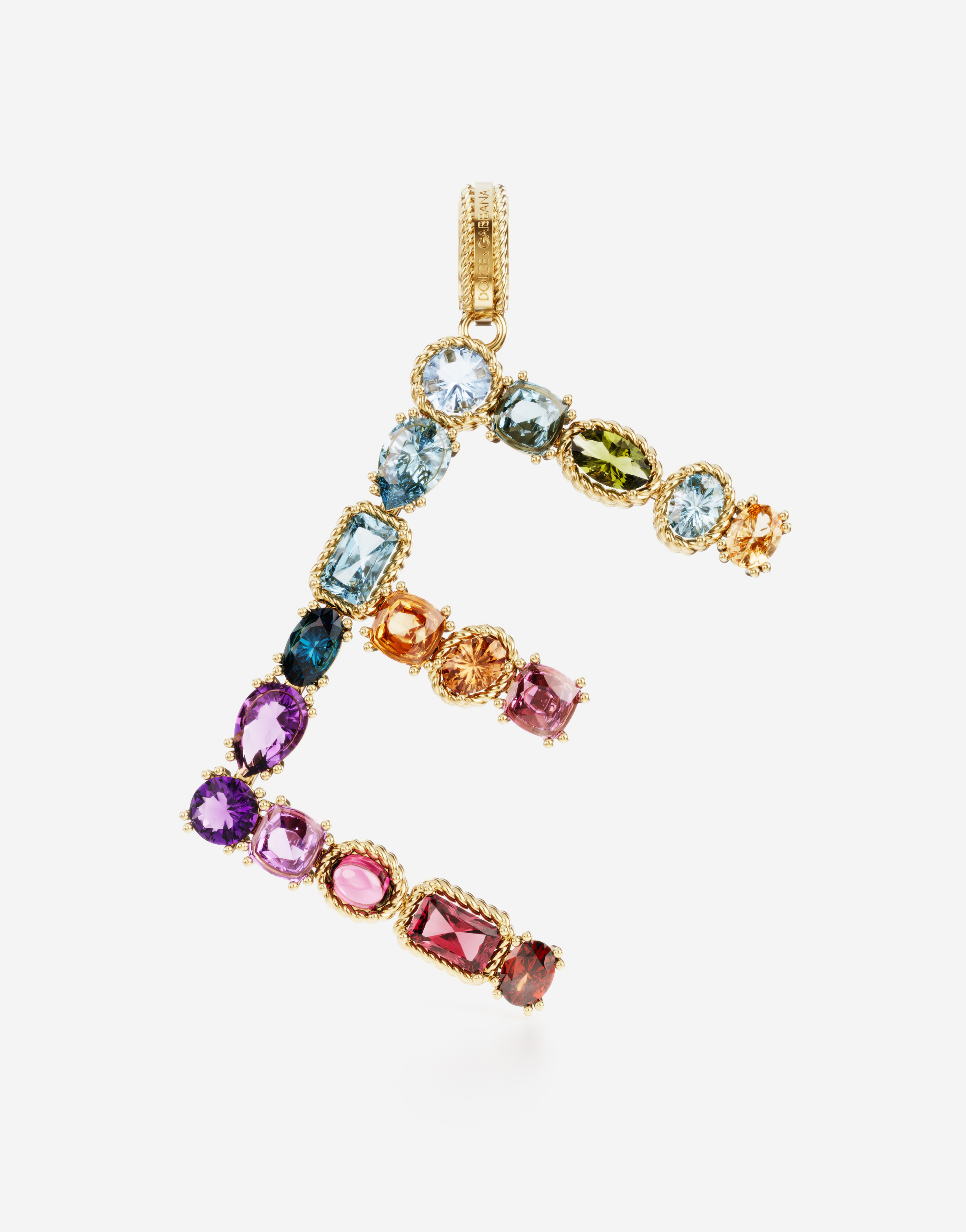 Rainbow alphabet E 18 kt yellow gold charm with multicolor fine gems in Gold