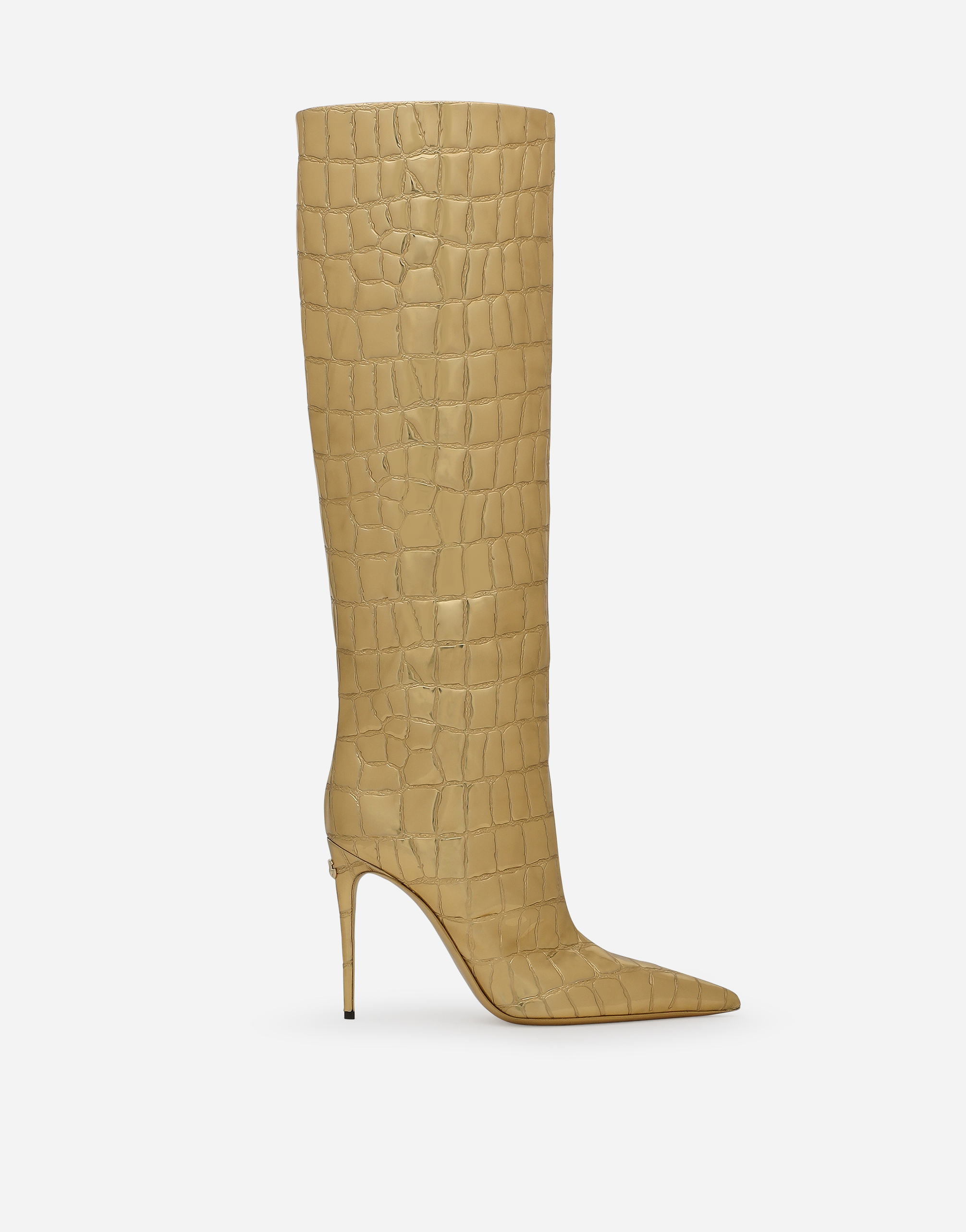 Crocodile-print foiled calfskin boots in Gold