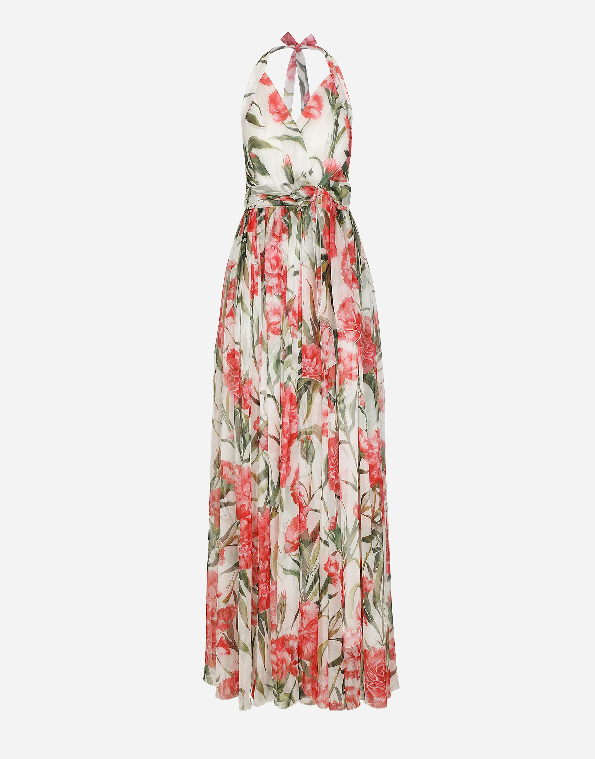 Long carnation-print chiffon dress in Multicolor