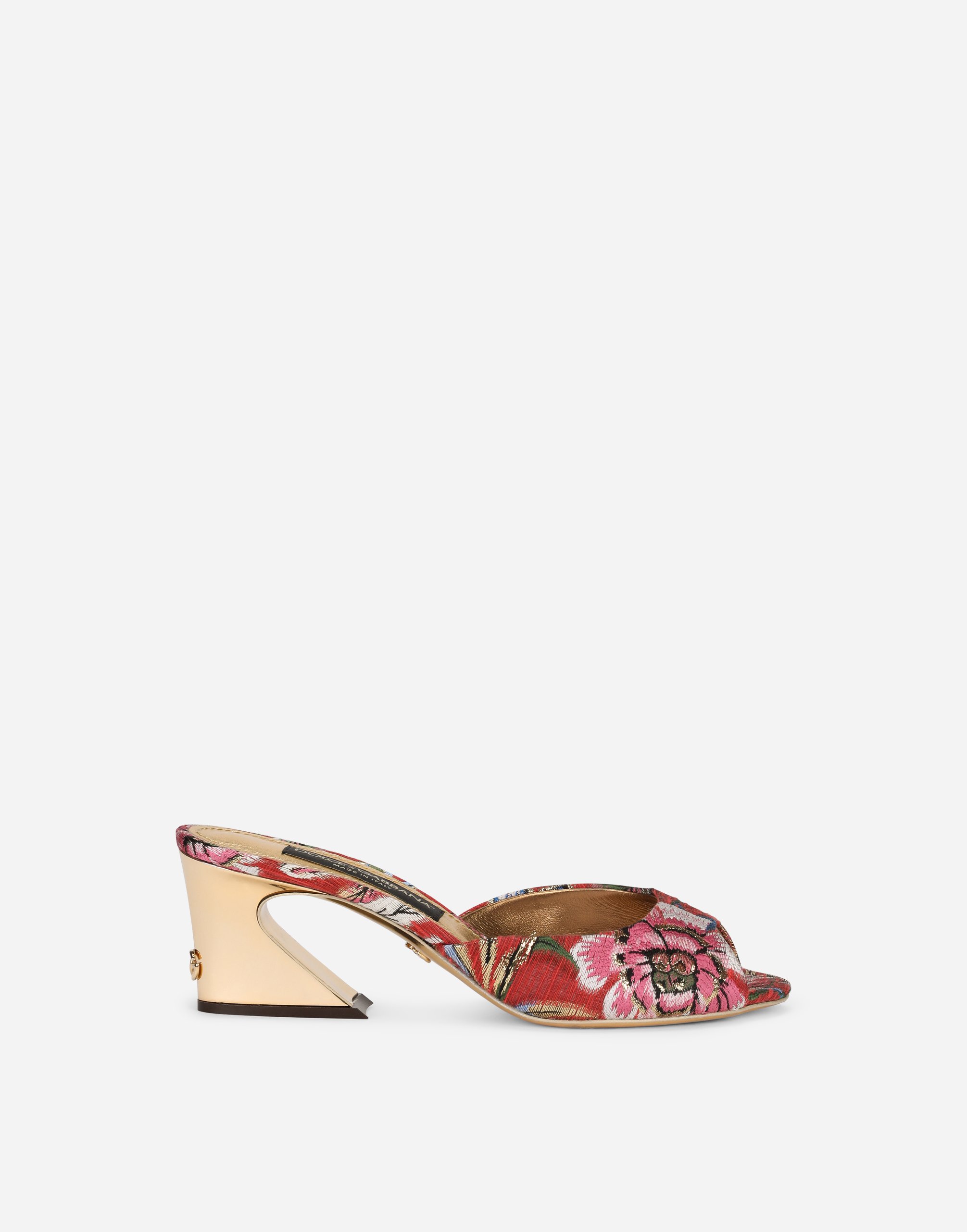 Jacquard fabric mules with geometric heel in Multicolor