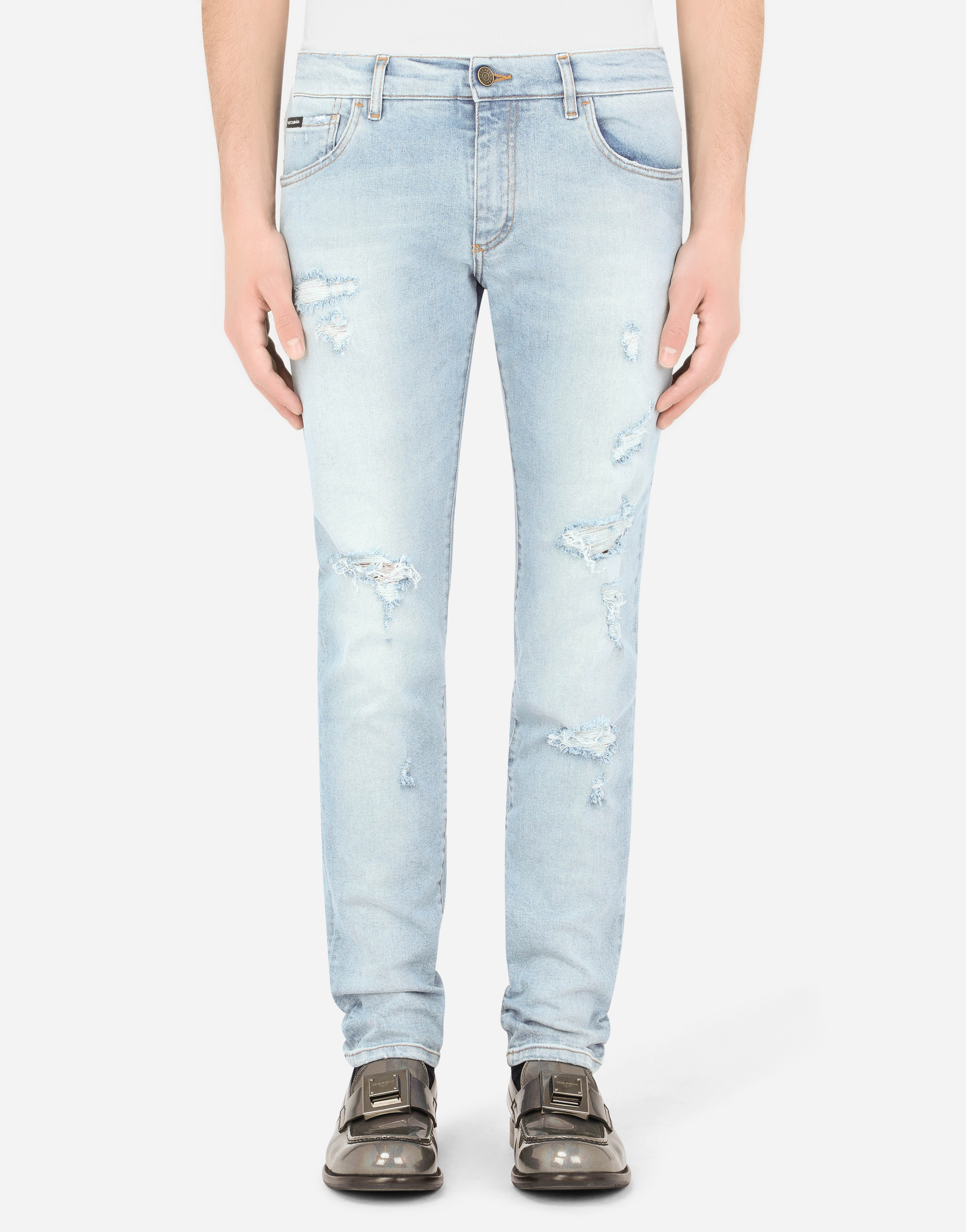 Light blue skinny stretch jeans with rips in Multicolor