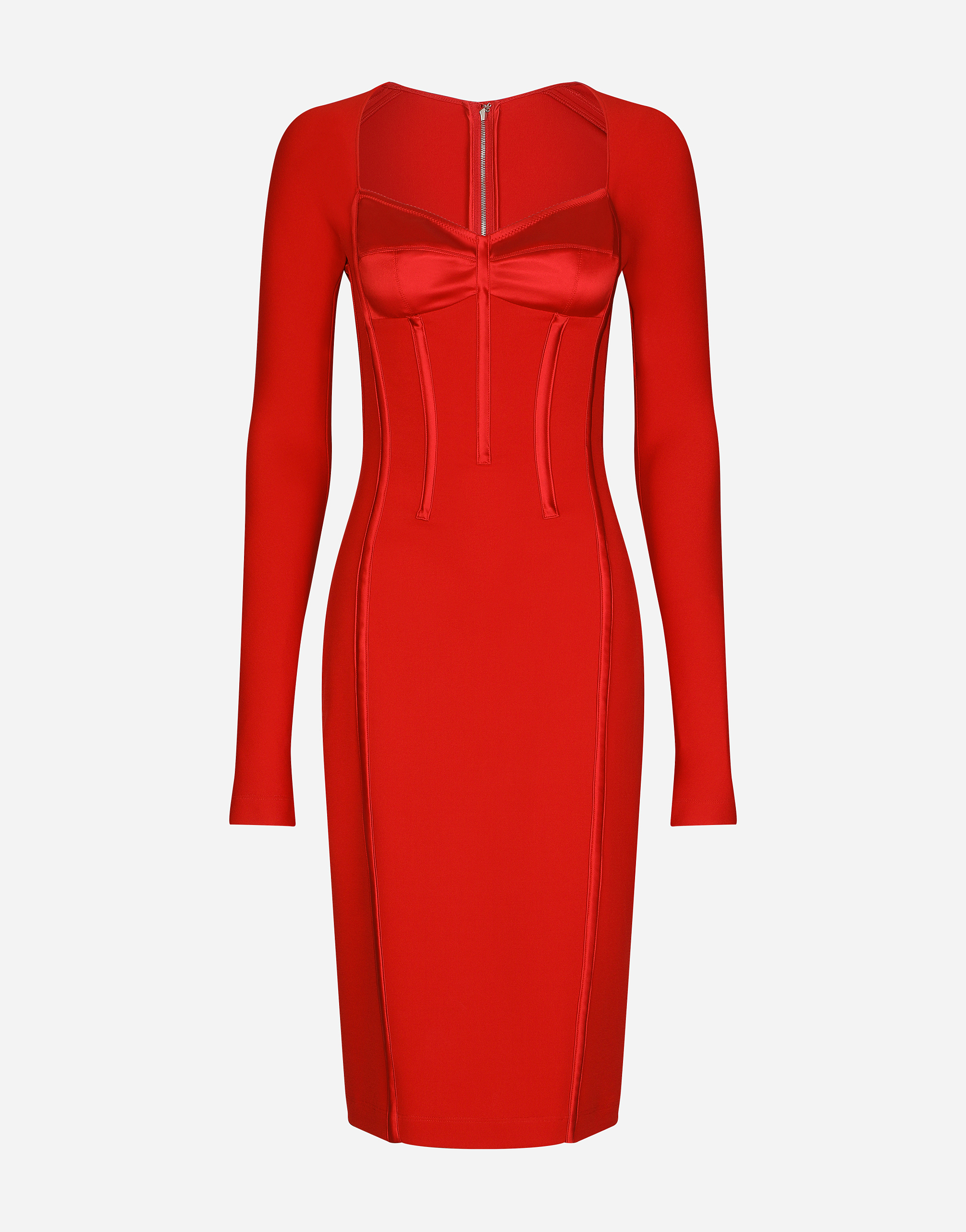Viscose calf-length dress with corset details in Red