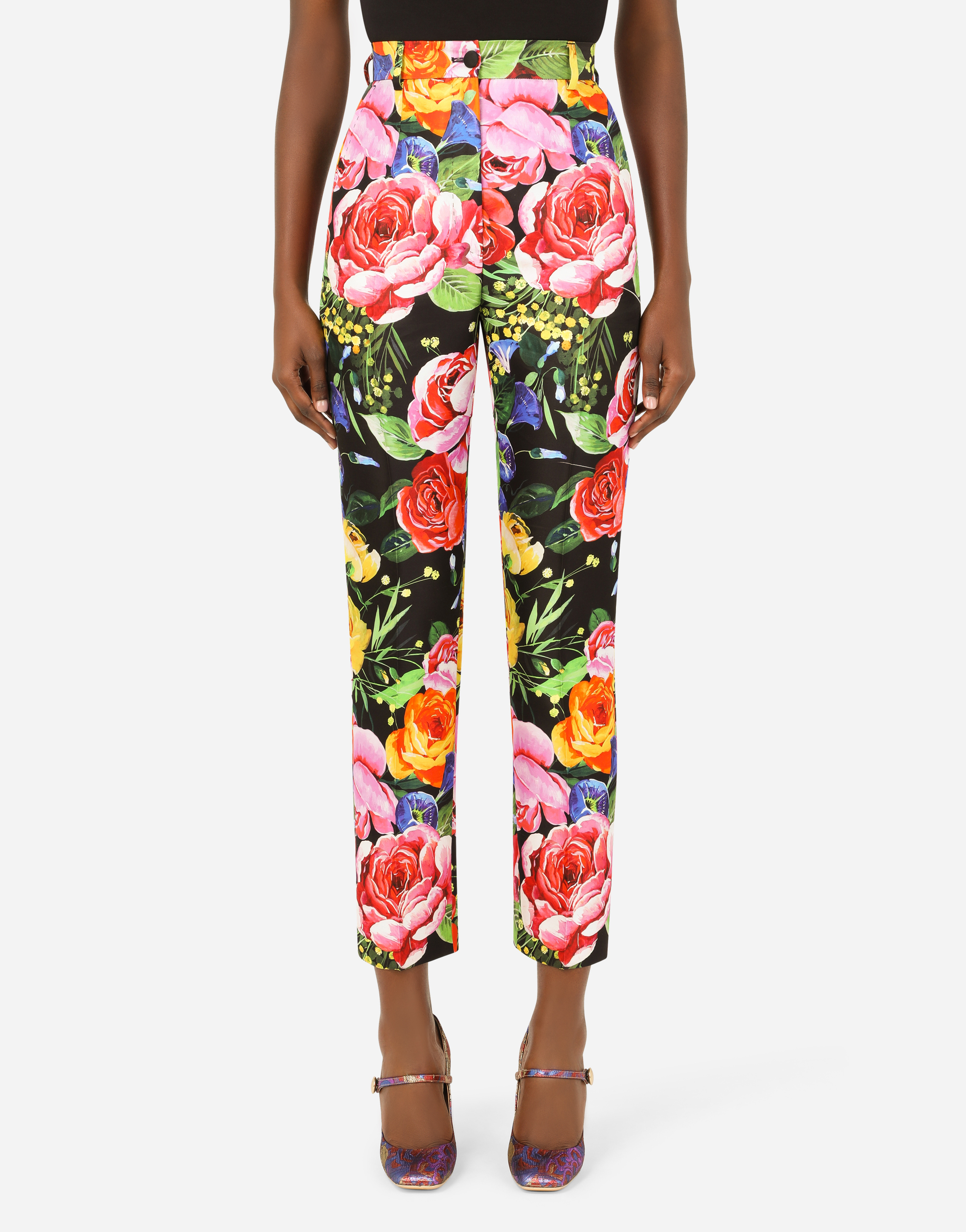 Bouquet-print Mikado pants in Multicolor