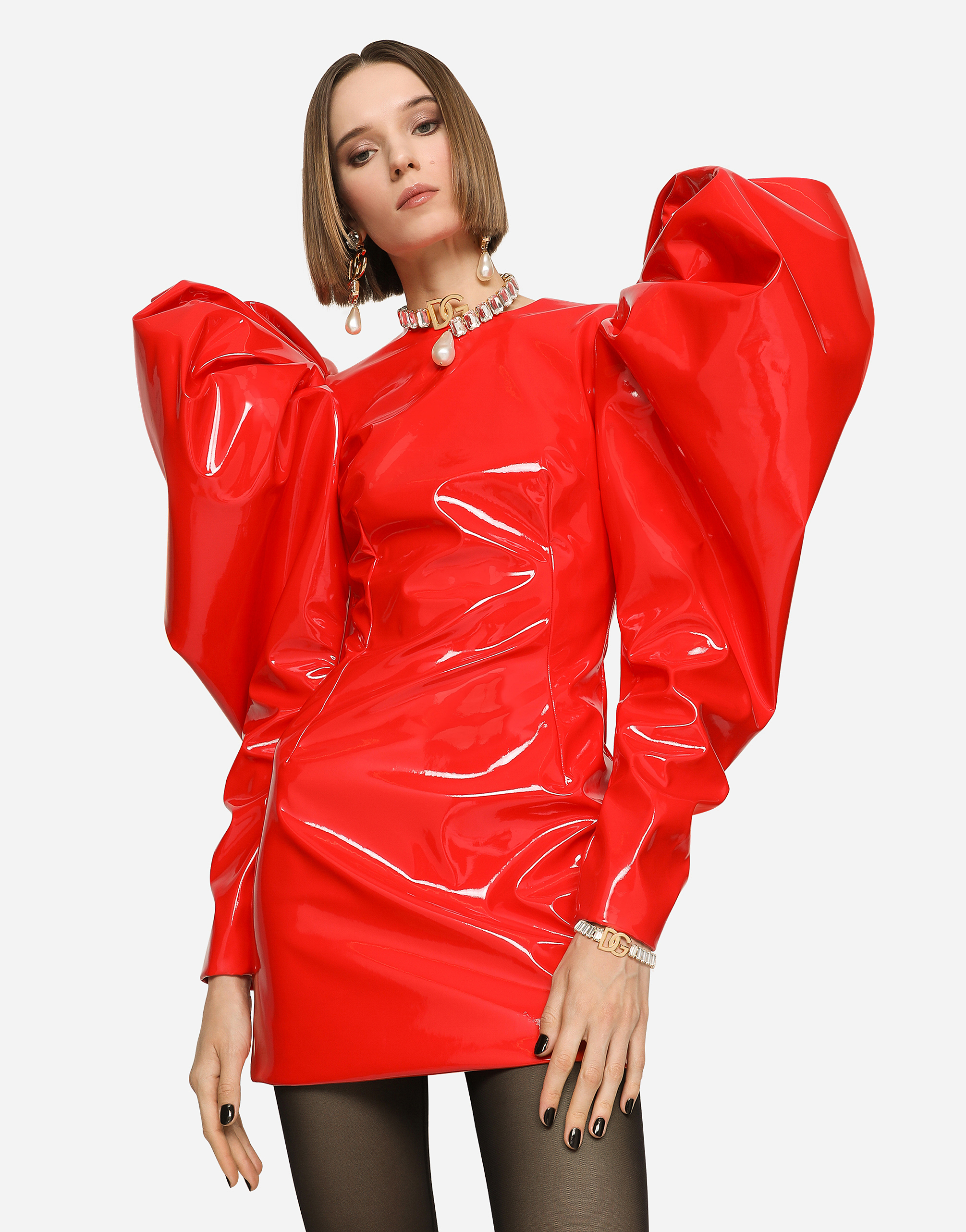 Short patent leather dress with butterfly sleeves in Red
