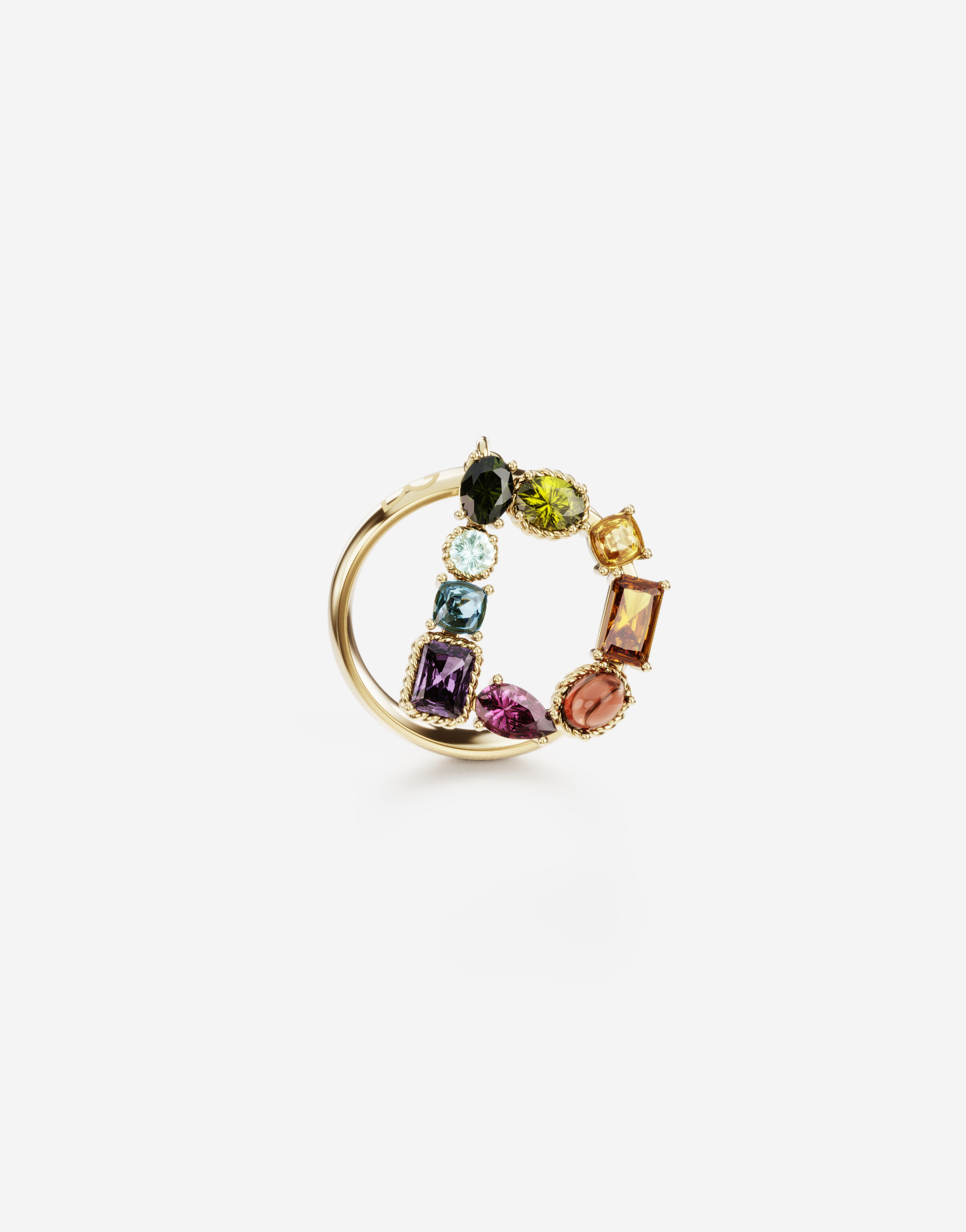 Rainbow alphabet D ring in yellow gold with multicolor fine gems in Gold