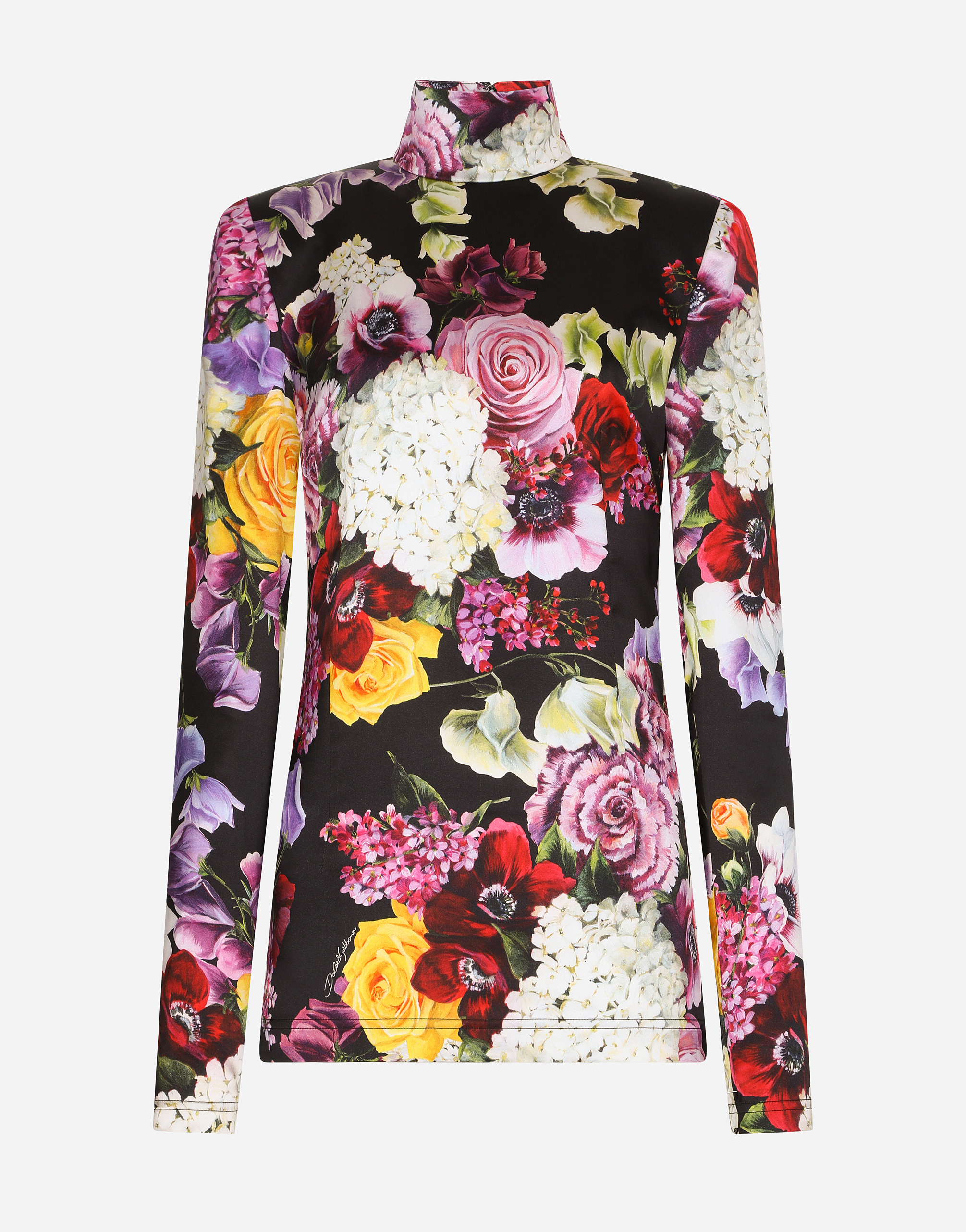 Satin turtleneck top with hydrangea and floral print in Multicolor