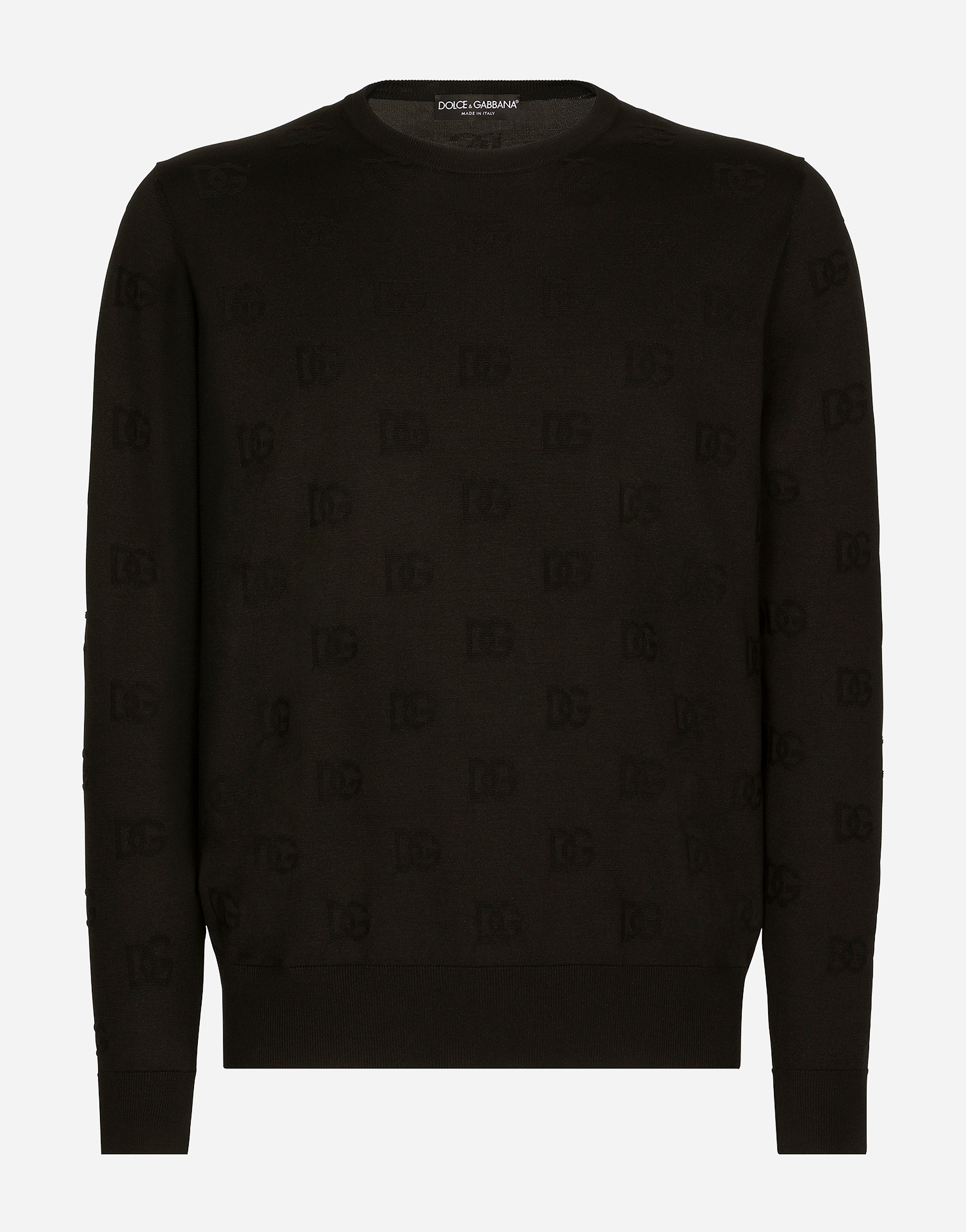 Silk jacquard round-neck sweater with DG logo in Black