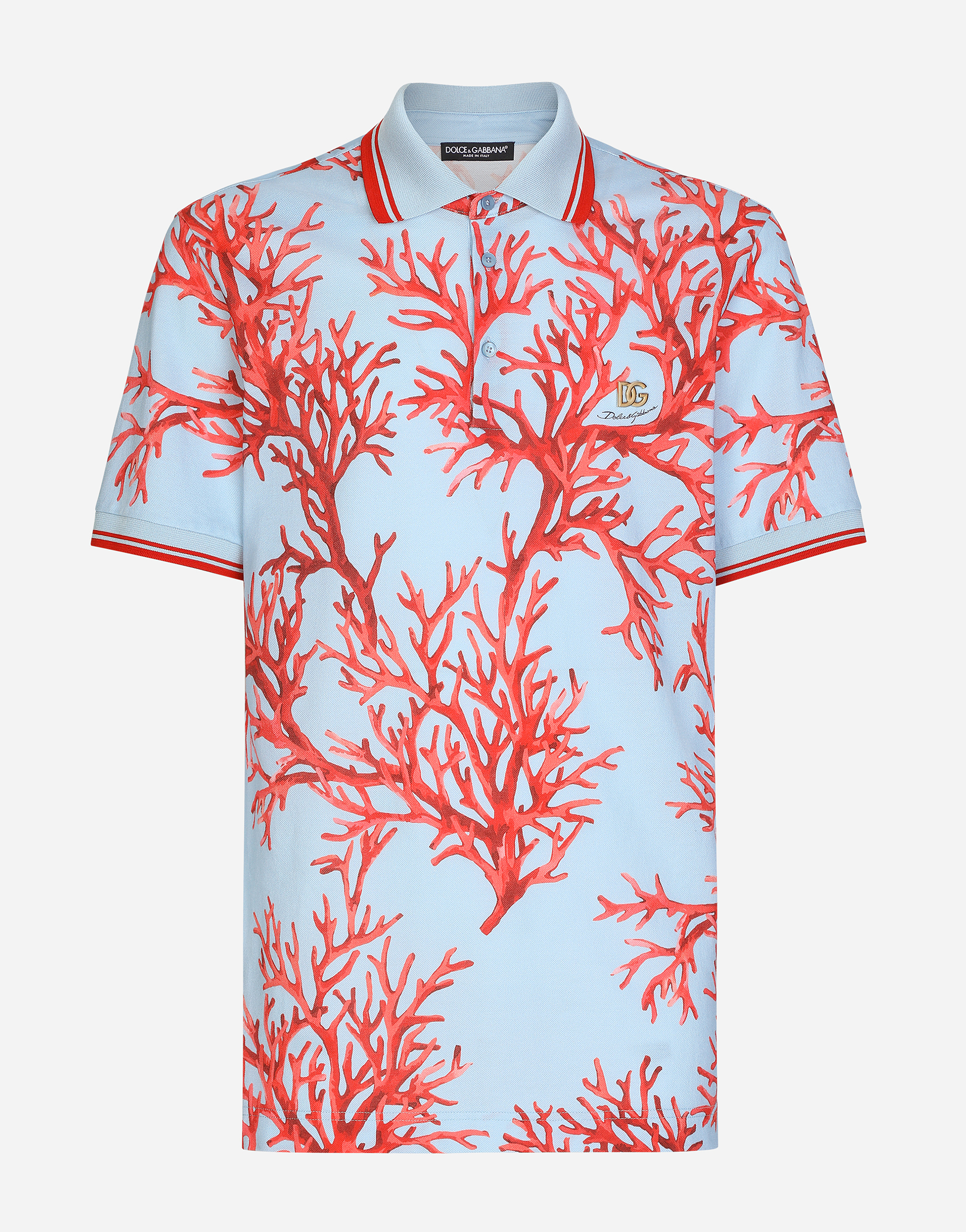 Cotton polo-shirt with coral print and DG patch in Multicolor