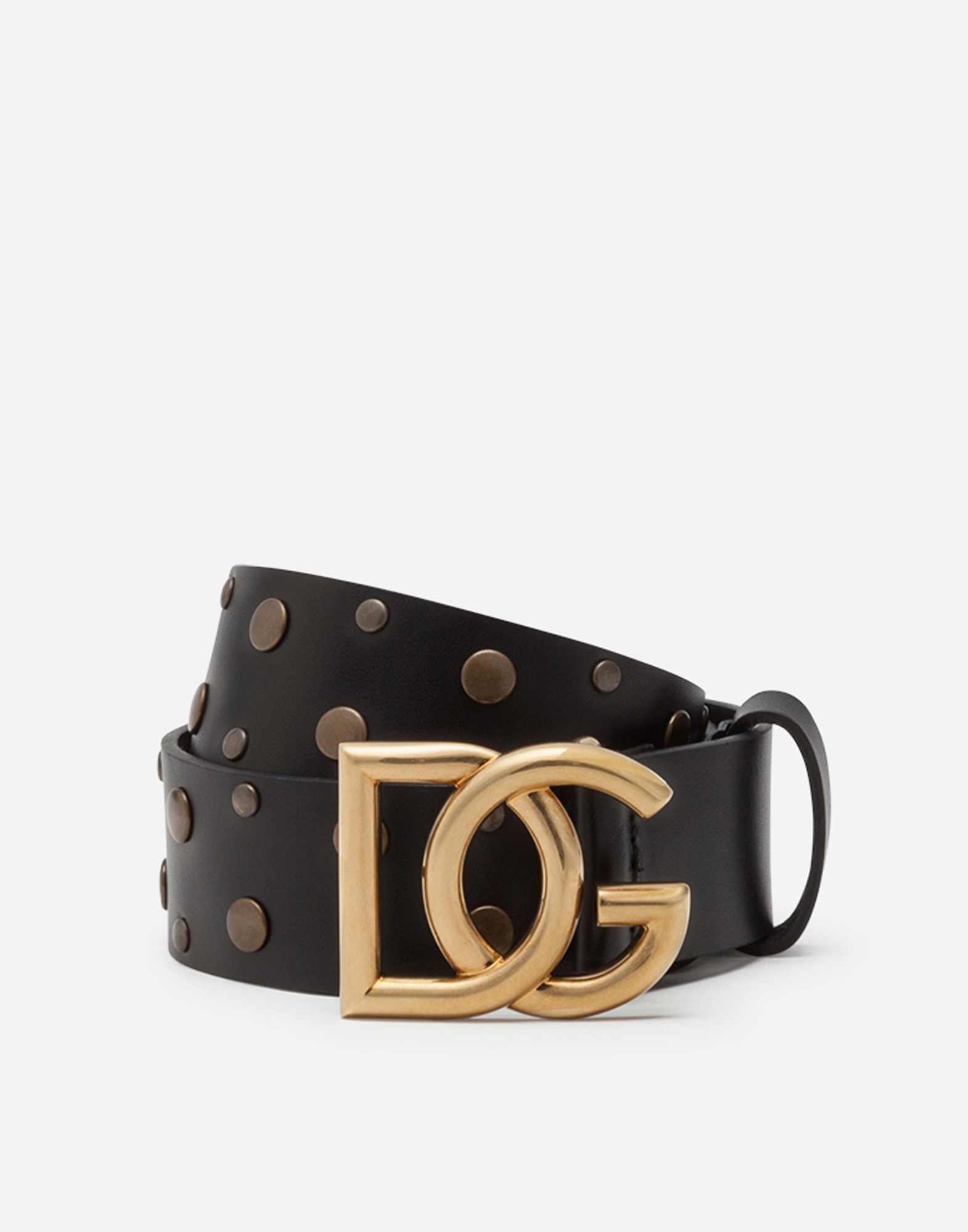 Leather belt with crossed DG logo and mixed stud embroidery in Black/Gold