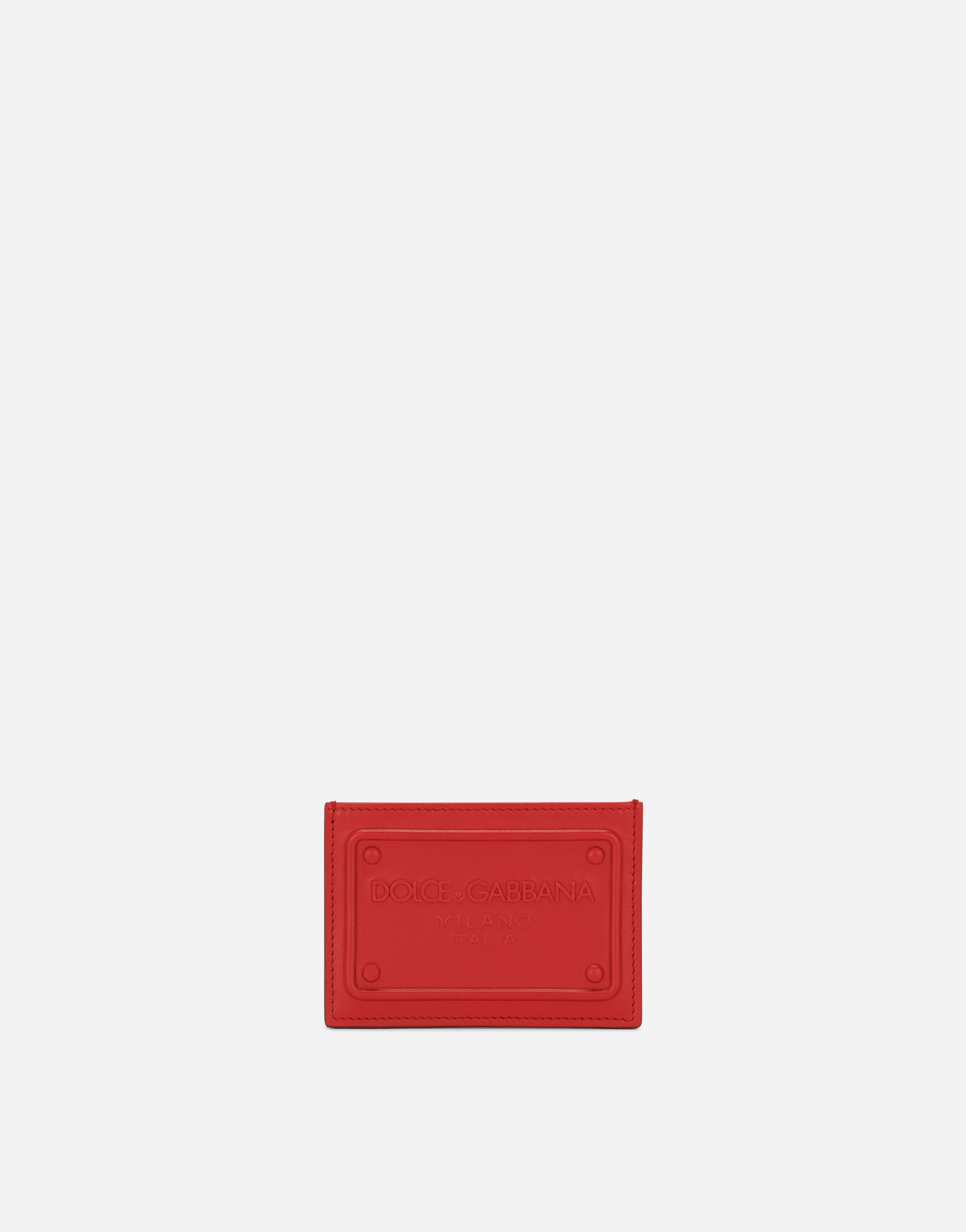 Calfskin card holder with raised logo in Red