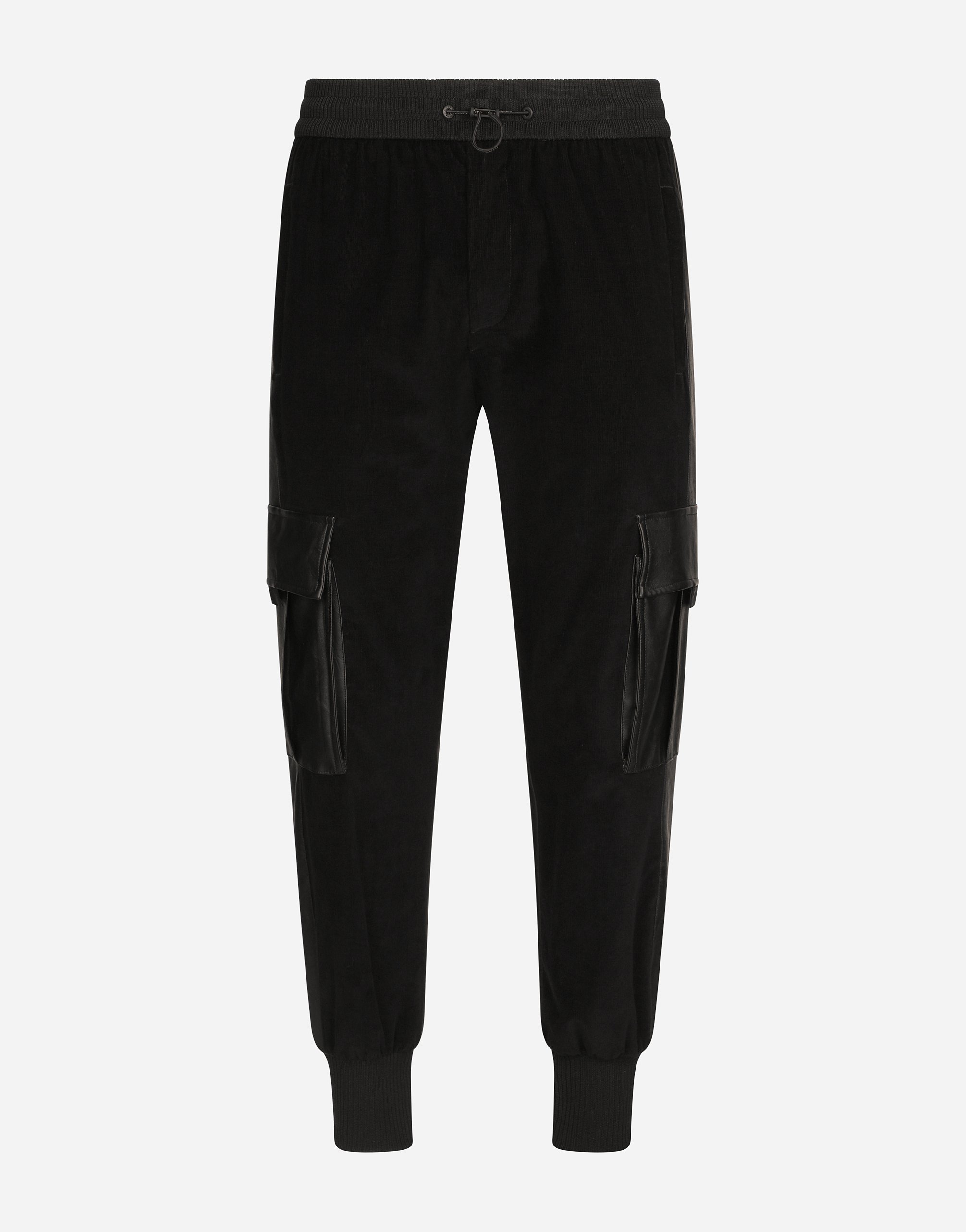 Velvet cargo pants with faux leather details in Black