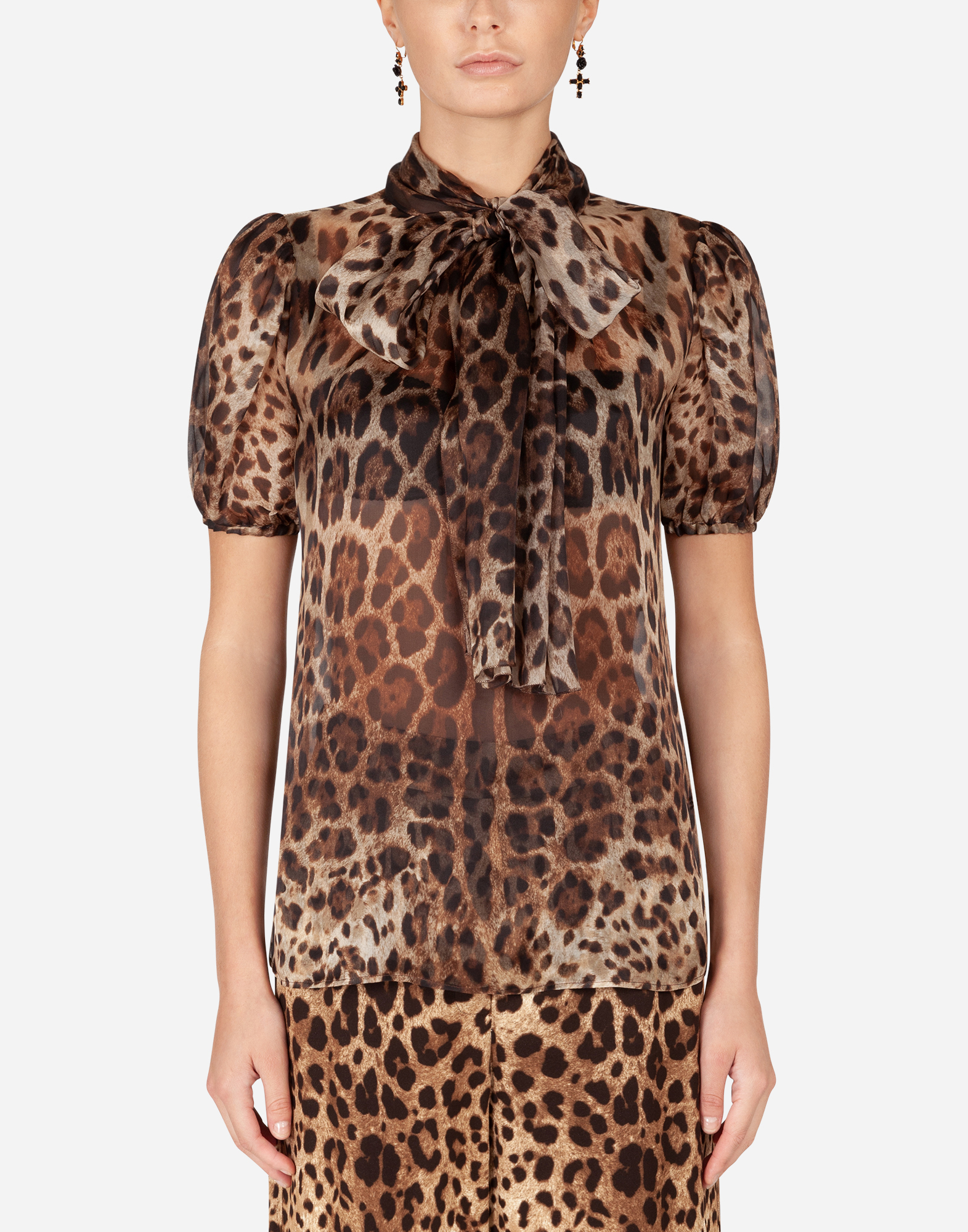 DOLCE & GABBANA LEOPARD-PRINT ORGANZA BLOUSE WITH PUSSY BOW