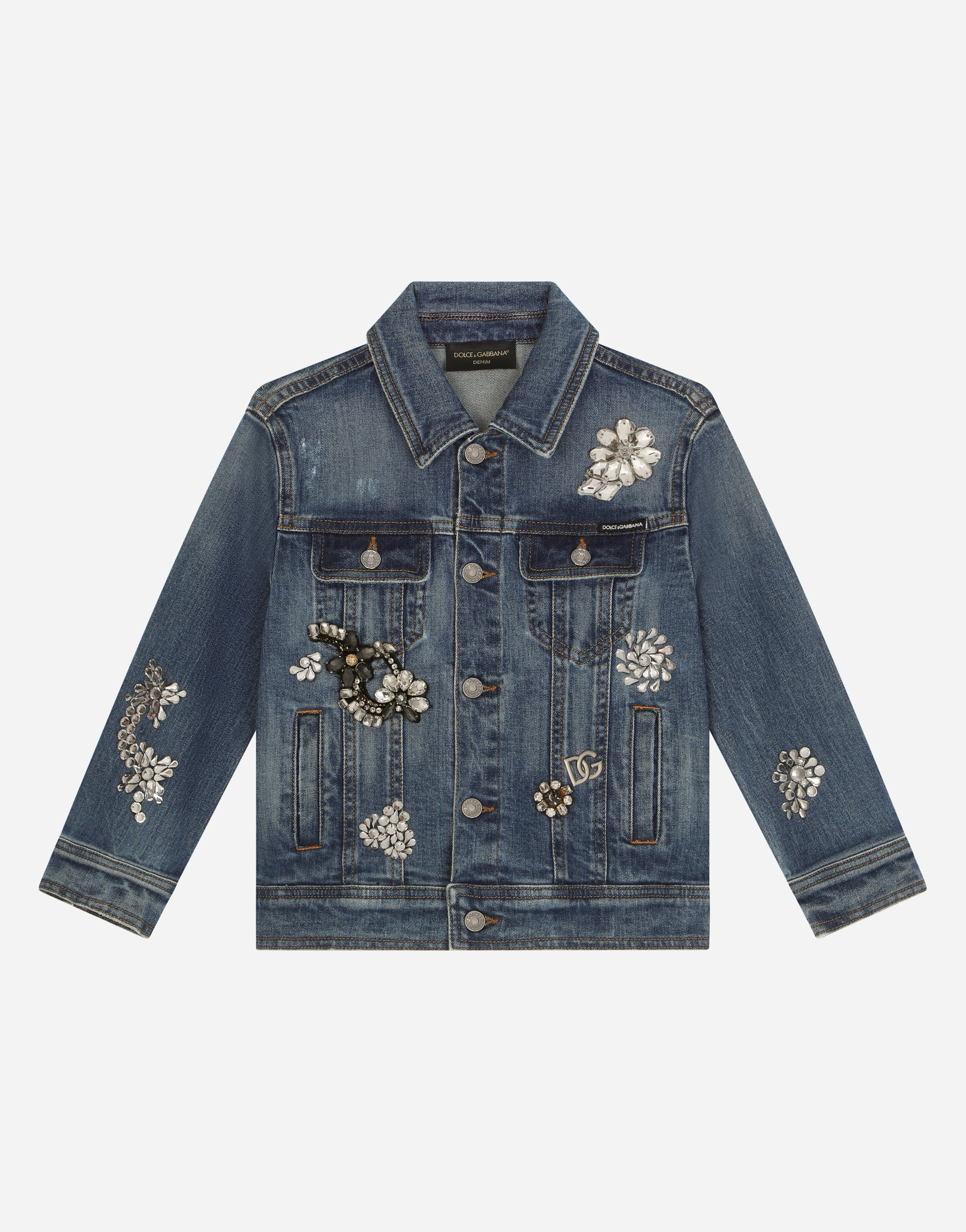 Dolce & Gabbana Kids' Stretch Denim Jacket With Rhinestones And Embroidery In Multicolor