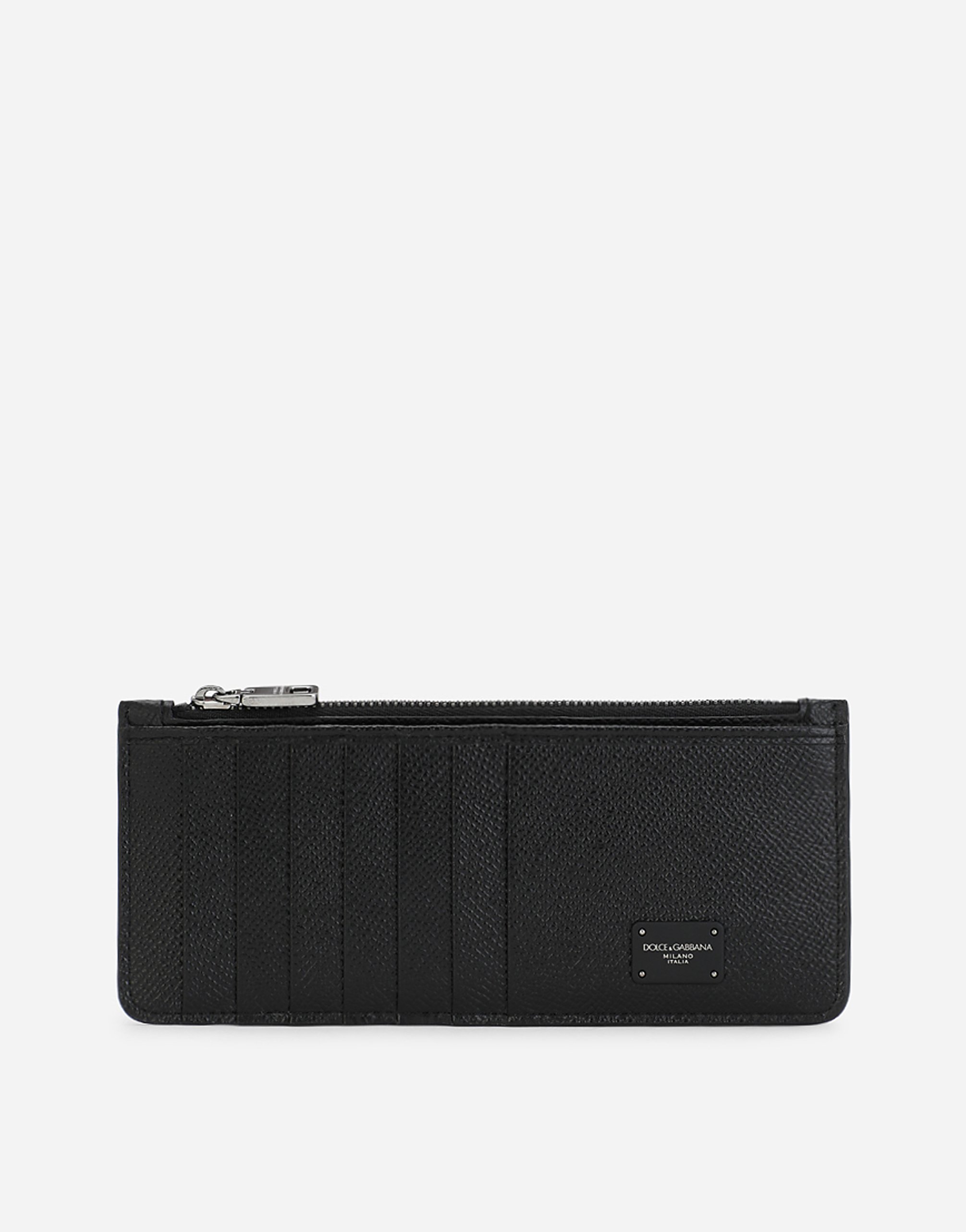 Dauphine calfskin vertical card holder with branded tag in Black