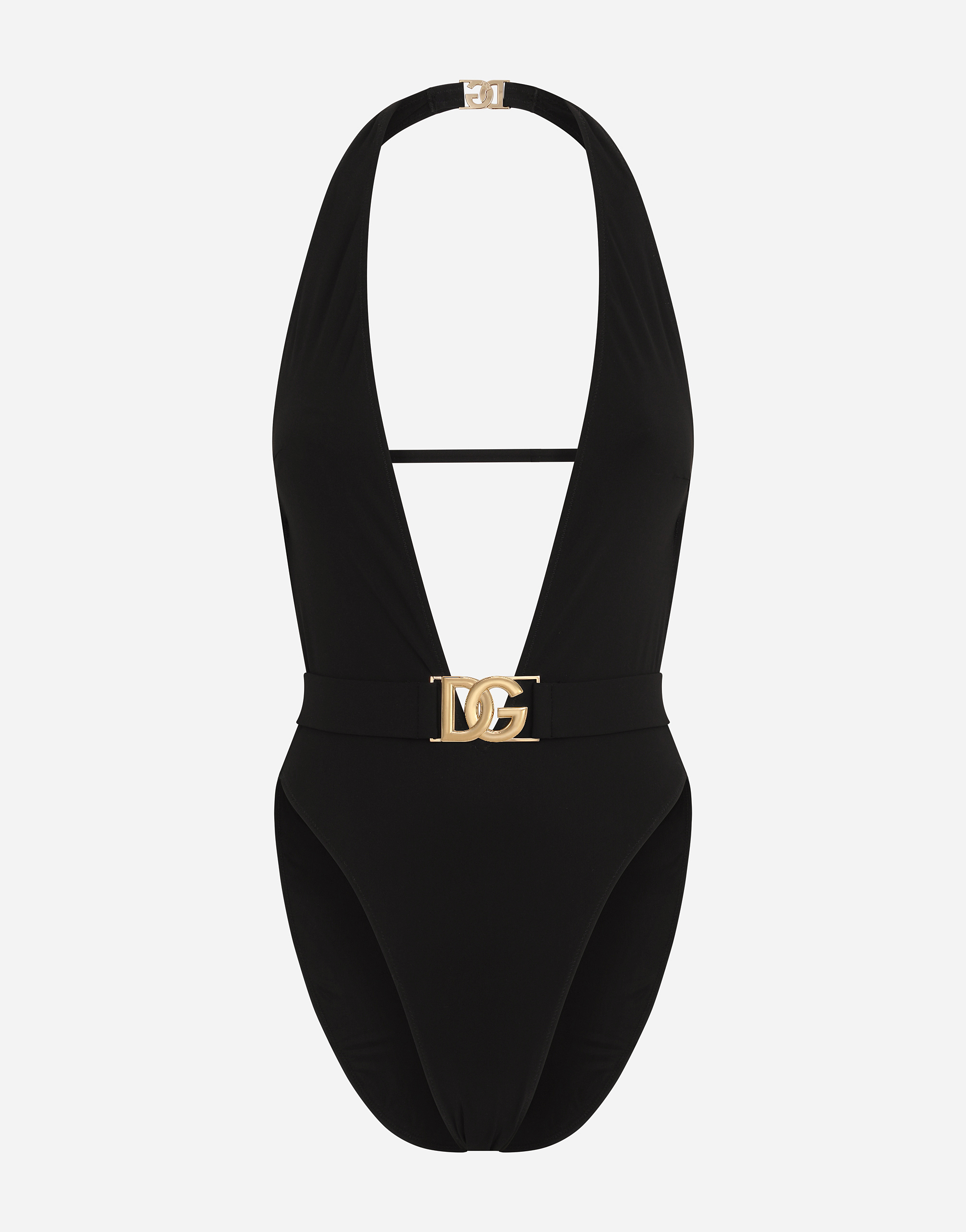 One-piece swimsuit with plunging neck and belt in Black