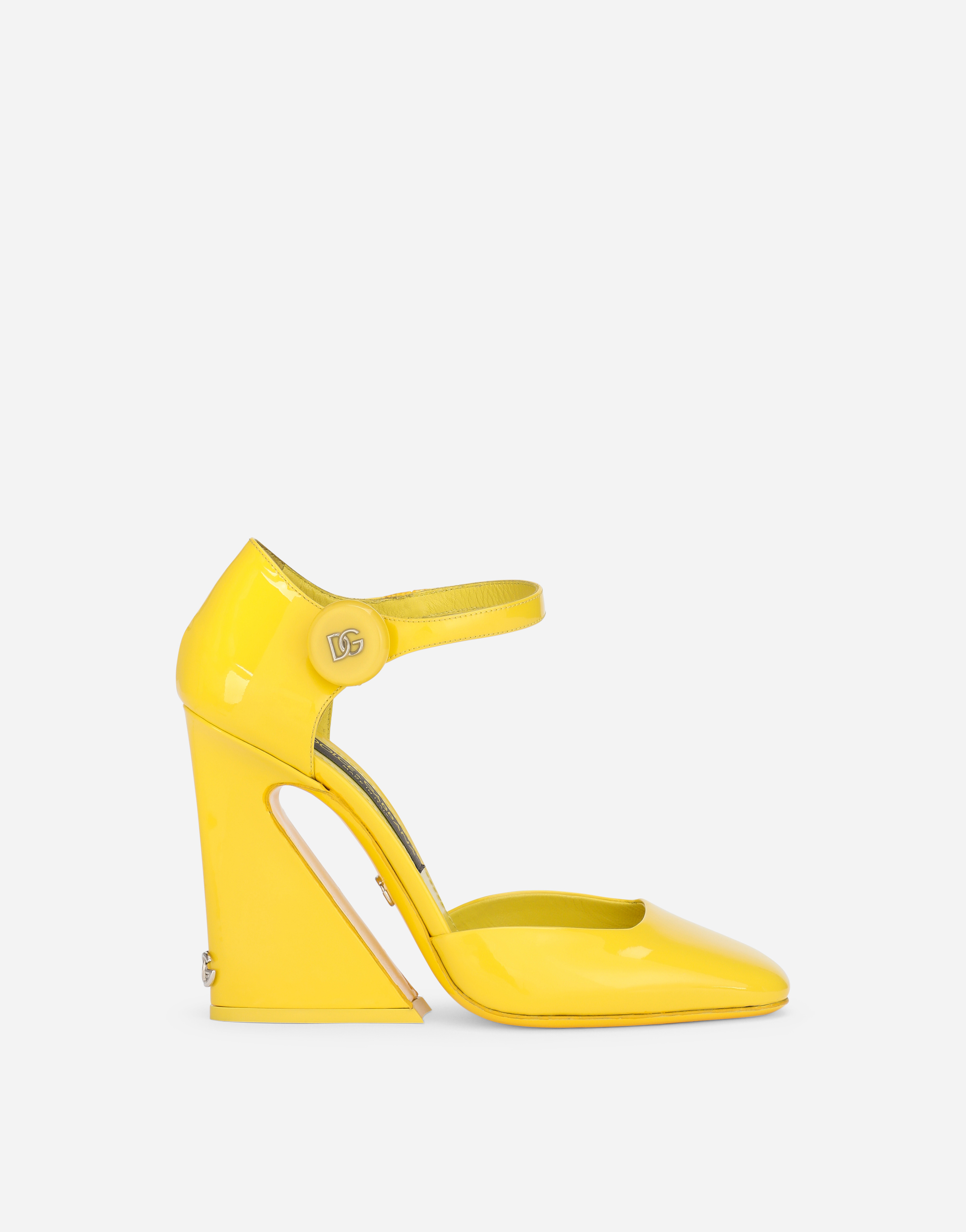 Patent leather Mary Janes with geometric heel in Yellow
