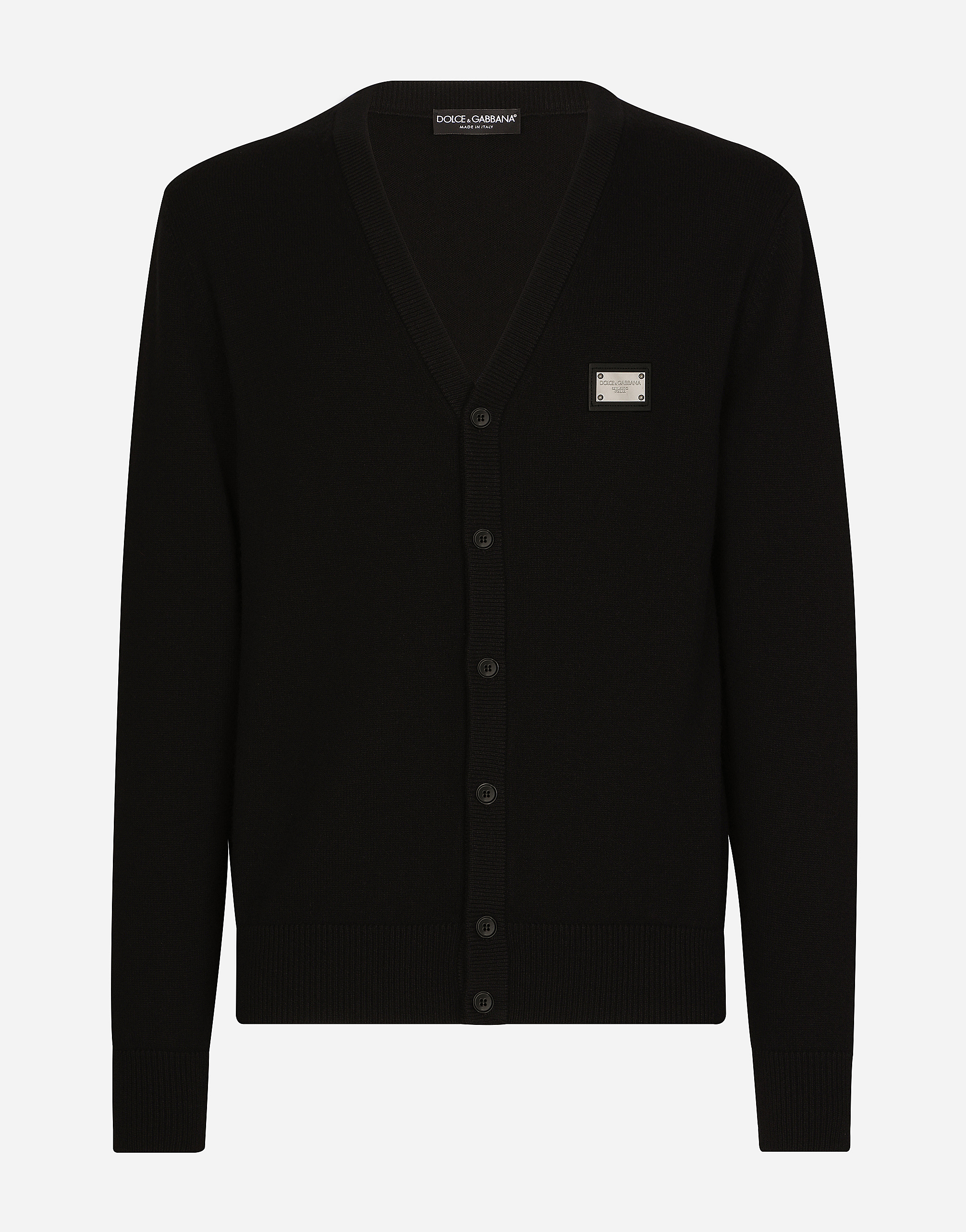Cashmere and wool cardigan with branded tag in Black