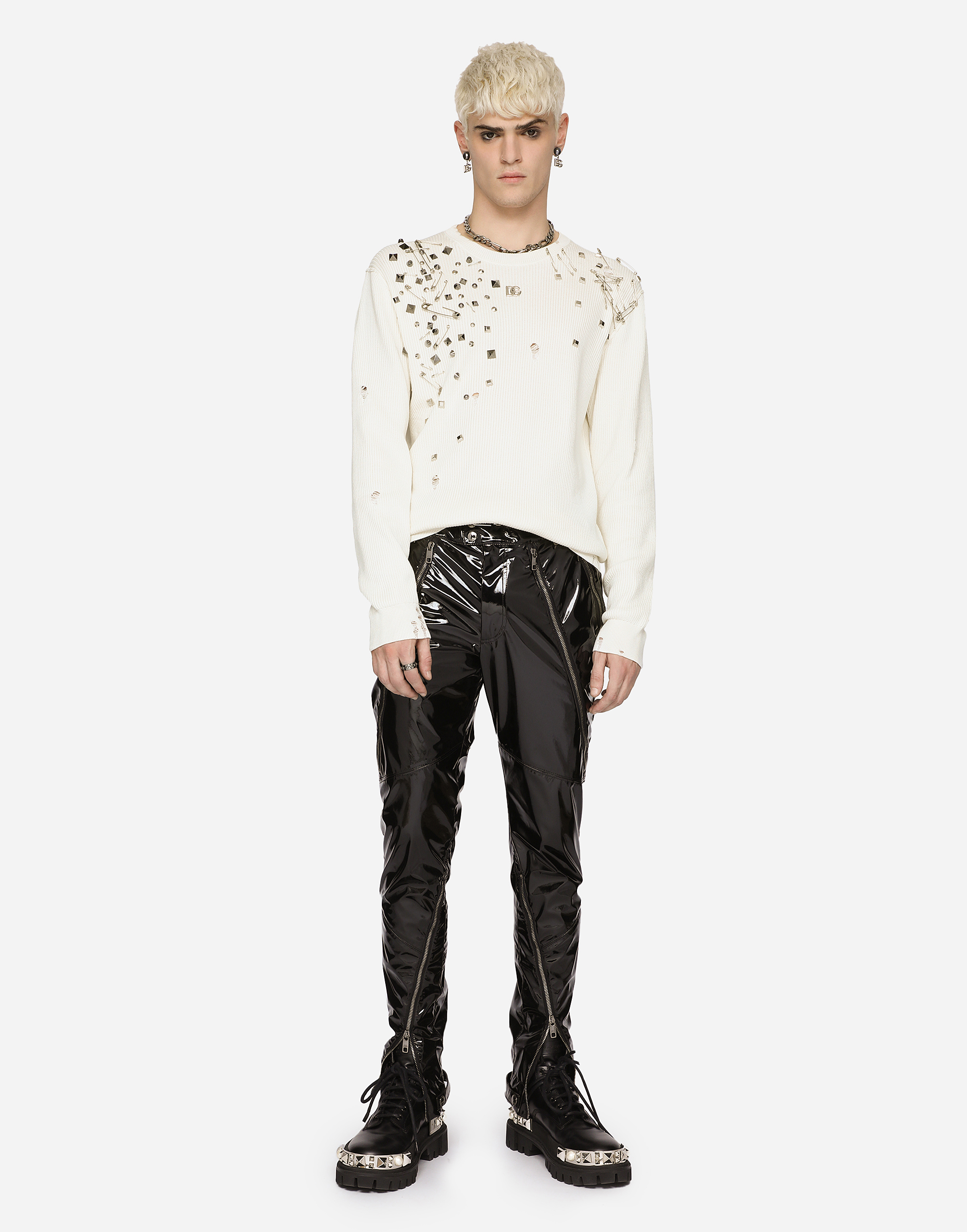 Skinny patent leather pants with zipper details in Black