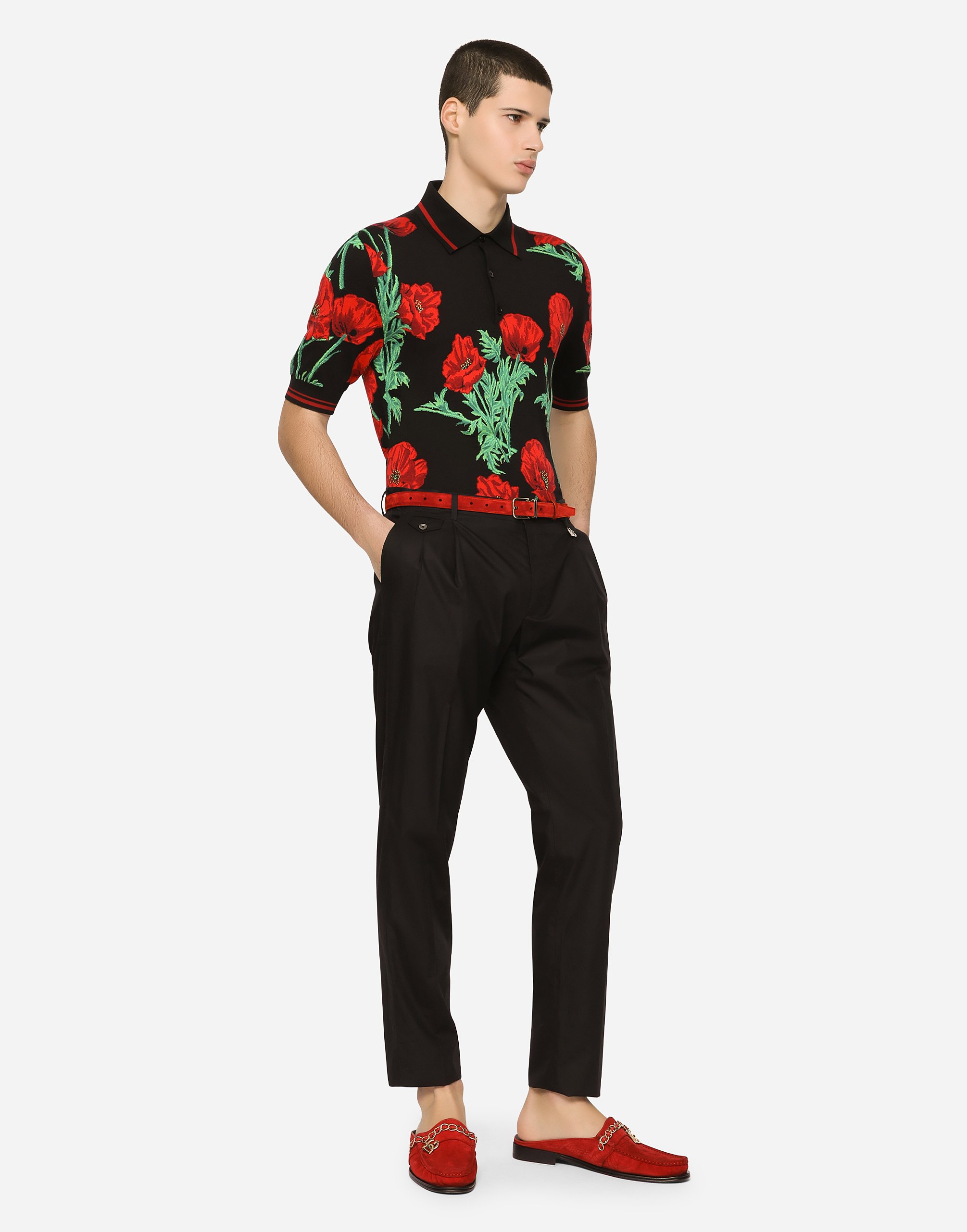 Silk polo-shirt with floral intarsia in Multicolor