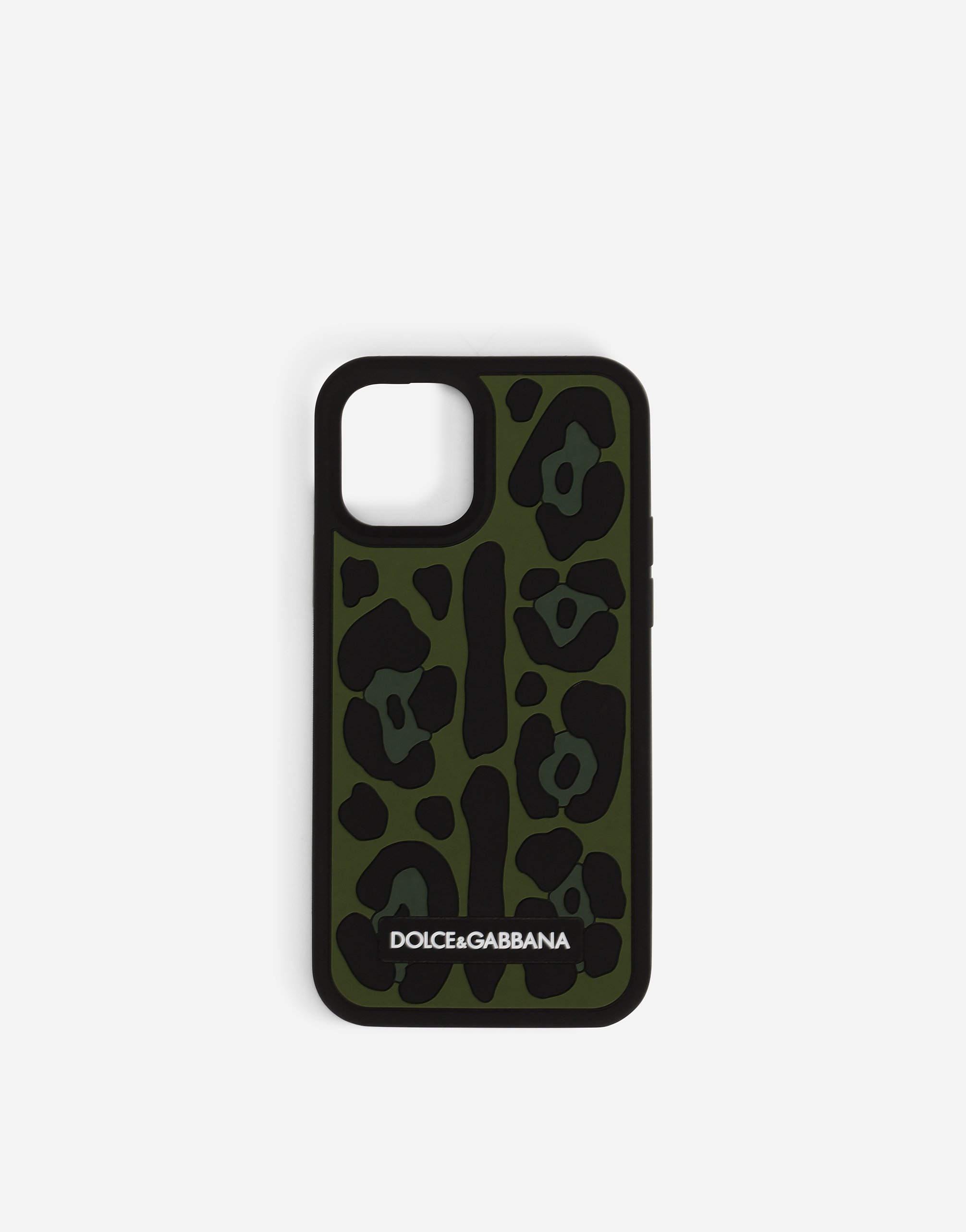 Rubber iPhone 12 Pro cover with leopard print against a green background in Multicolor