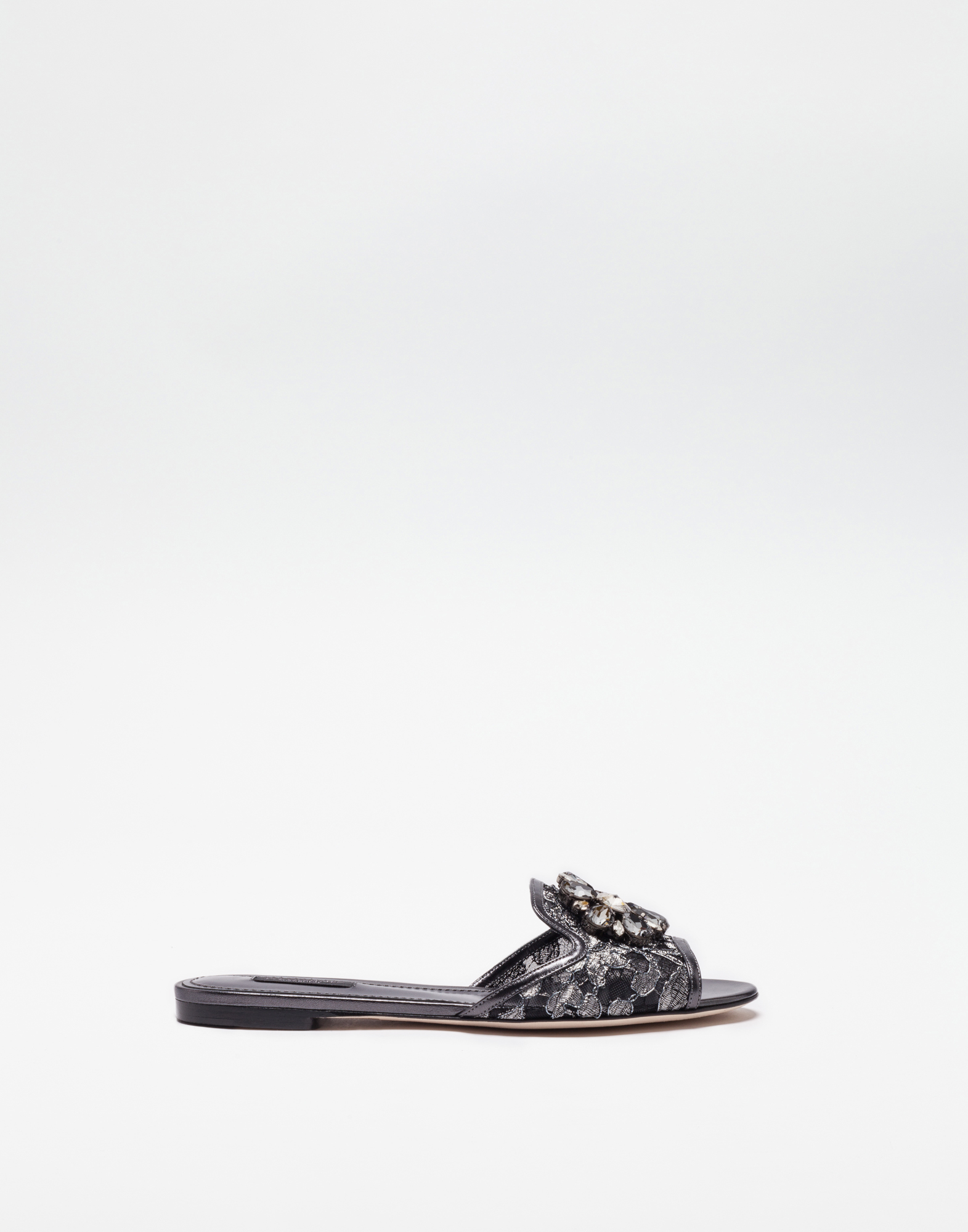 Lurex lace rainbow slides with brooch detailing in Grey