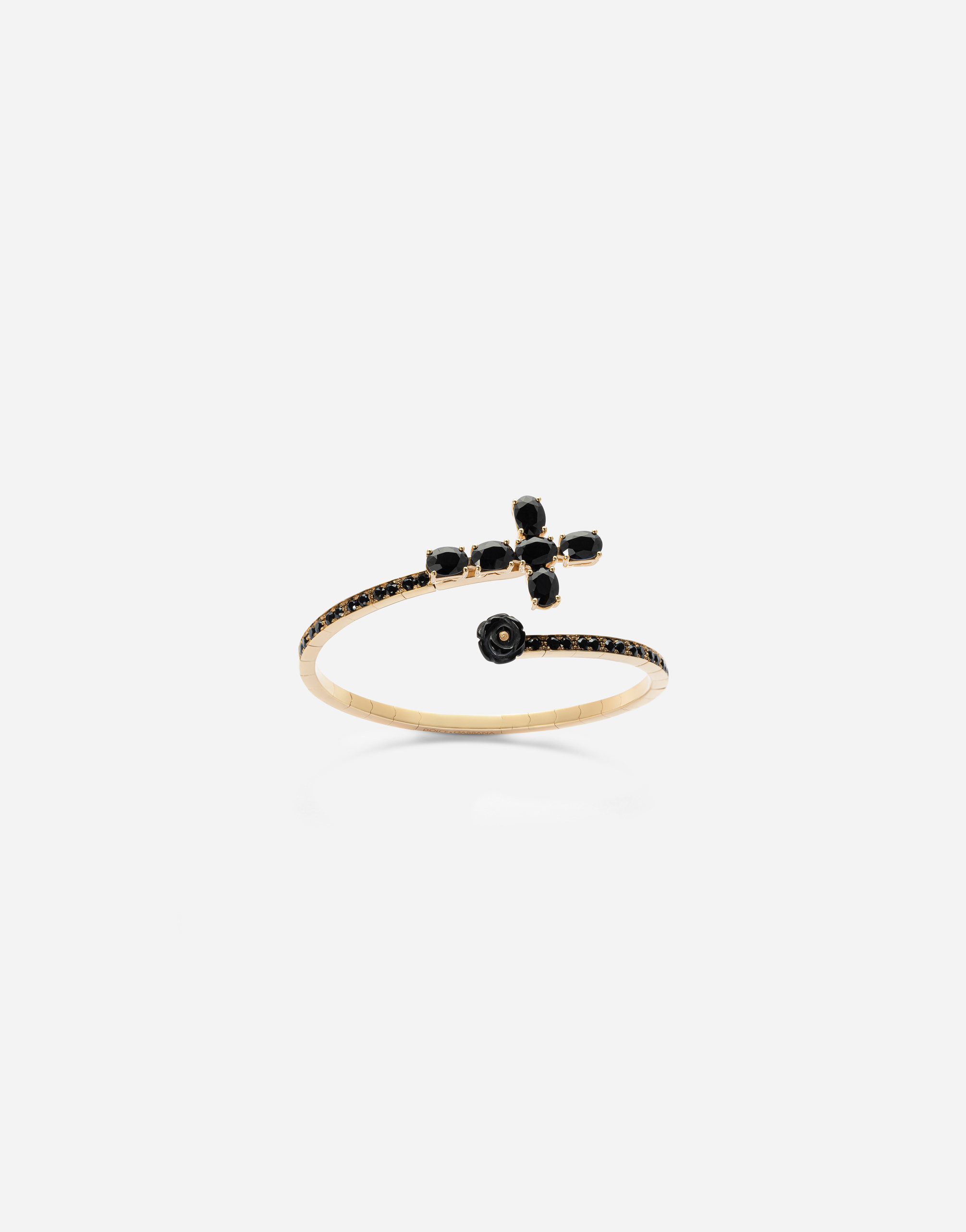 Family yellow gold bracelet with cross, black sapphire and jade in Gold