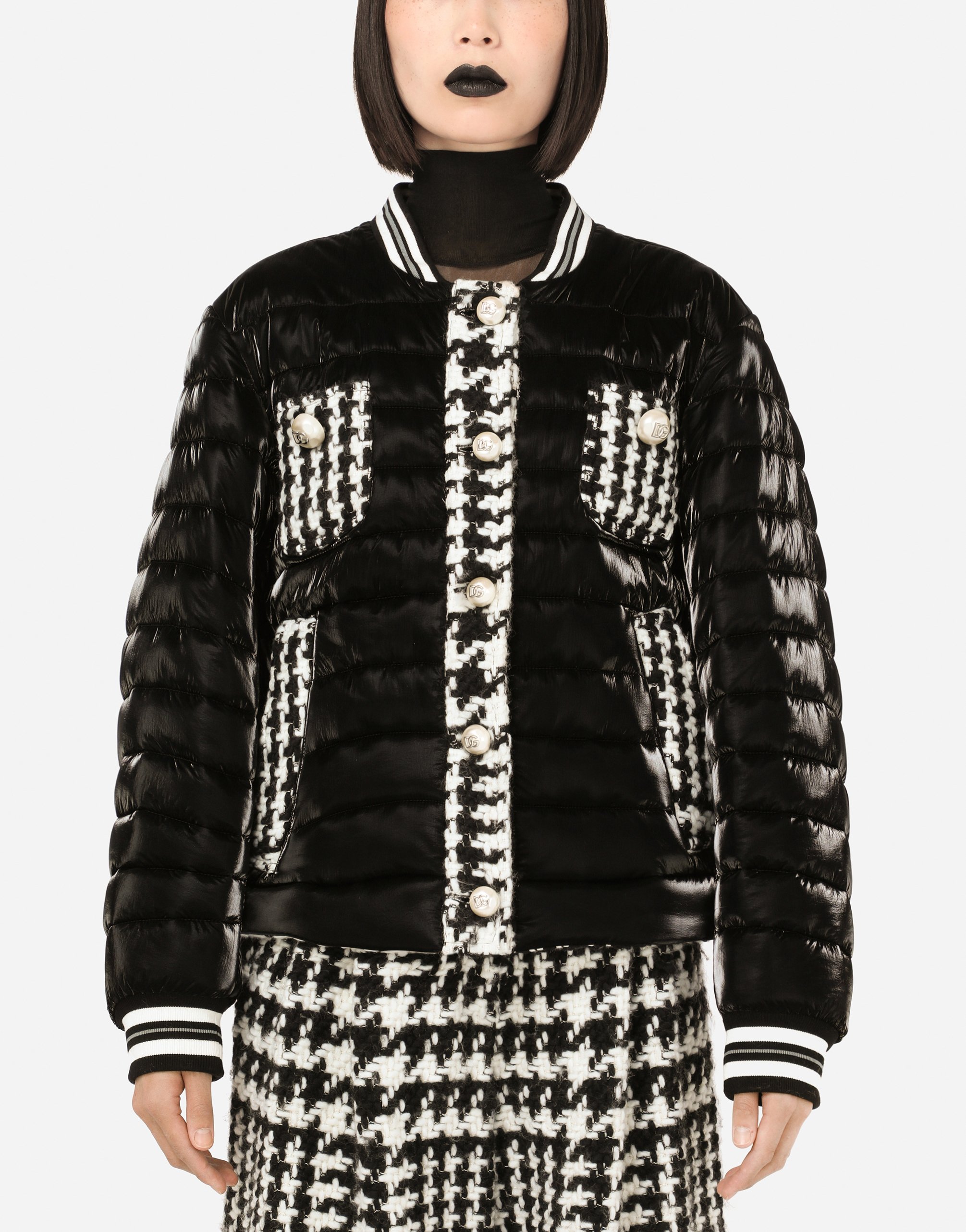 Quilted jacket with houndstooth details in Black