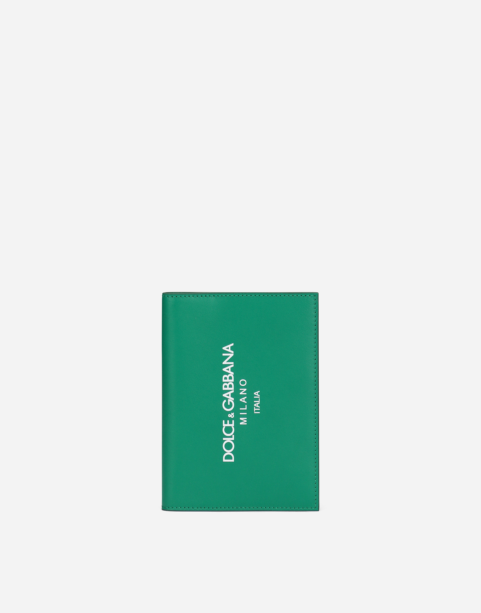 Calfskin passport holder with logo in Green