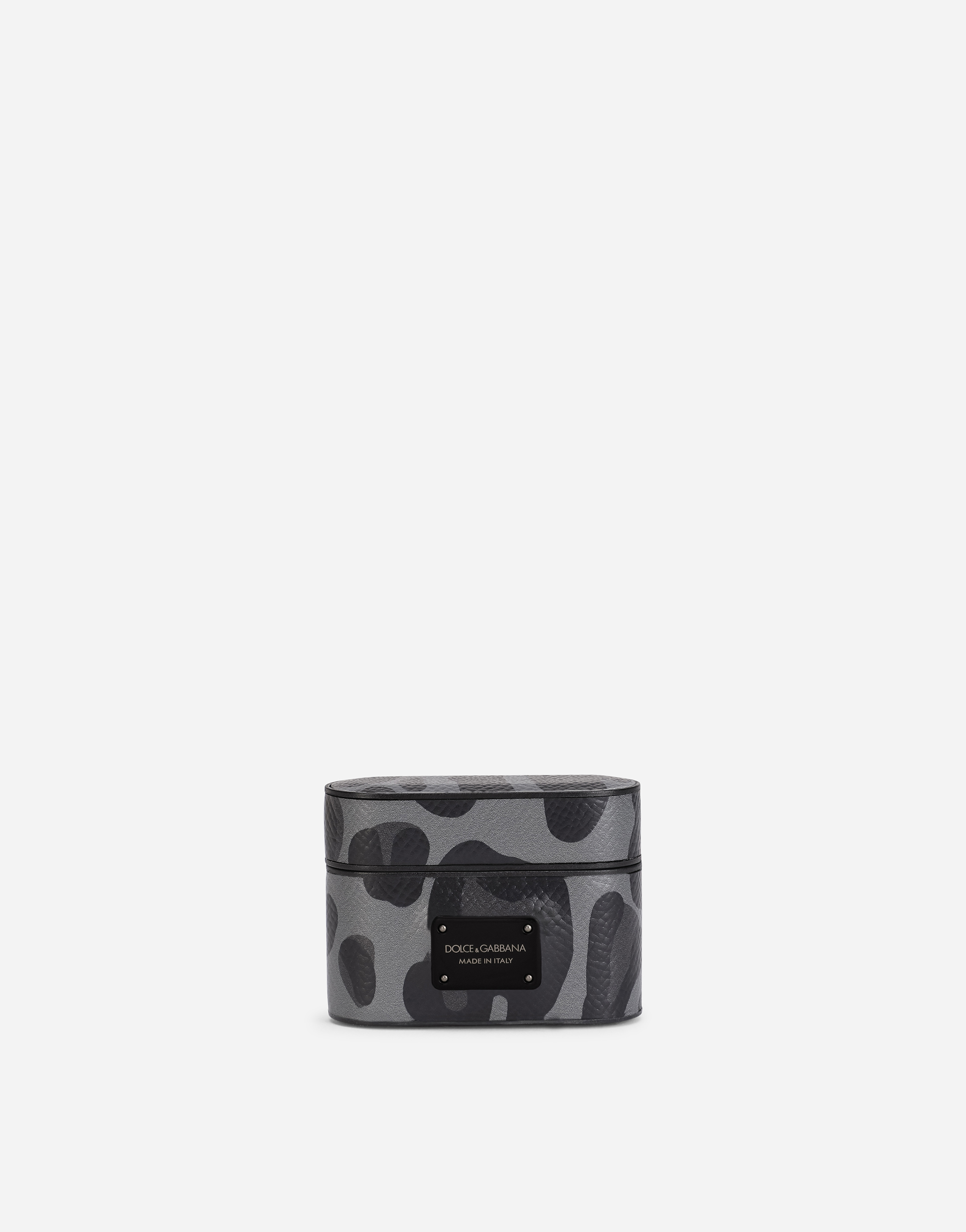 Dauphine calfskin airpods pro case with leopard print against a gray background in Multicolor
