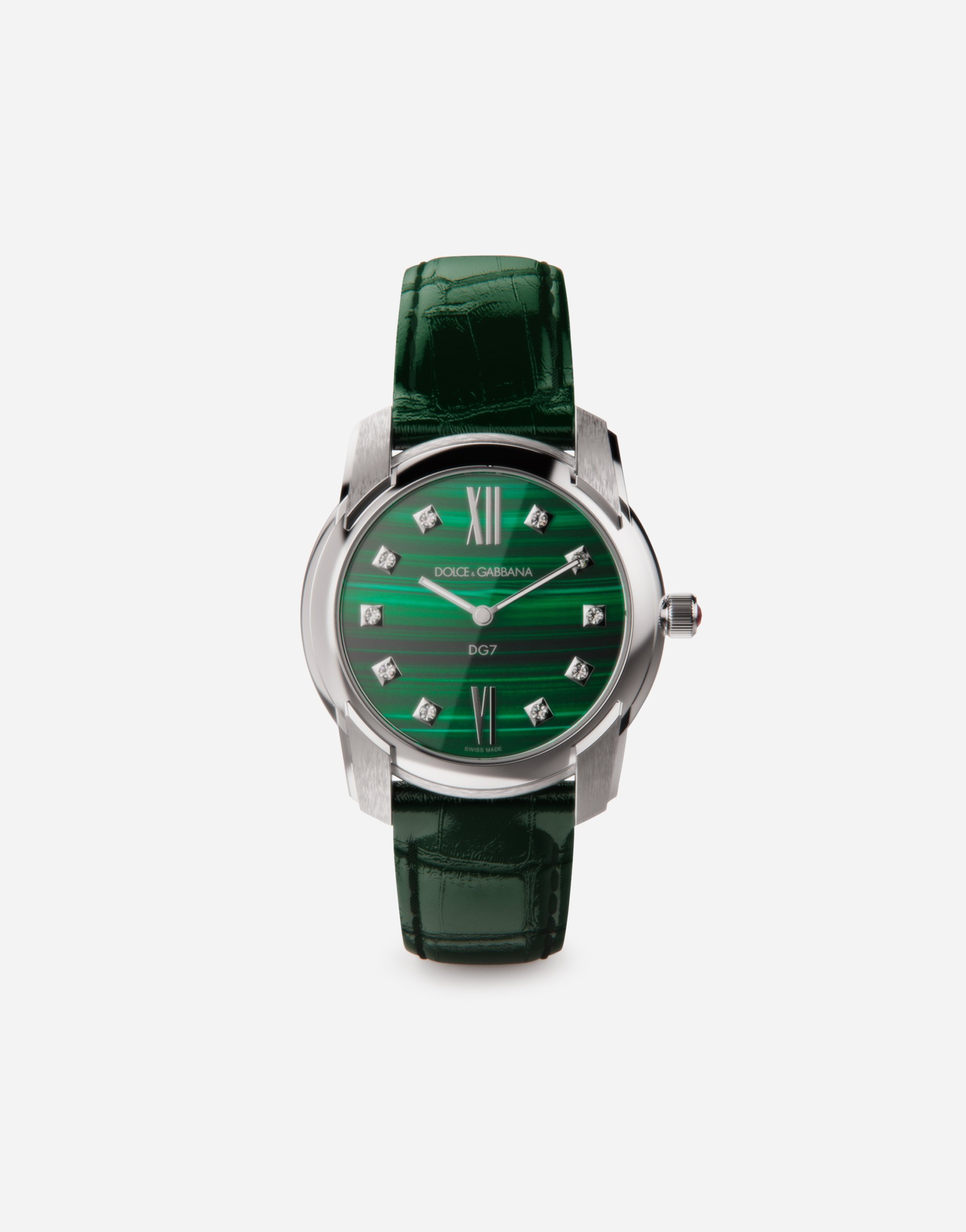 DG7 watch in steel with malachite and diamonds in Green