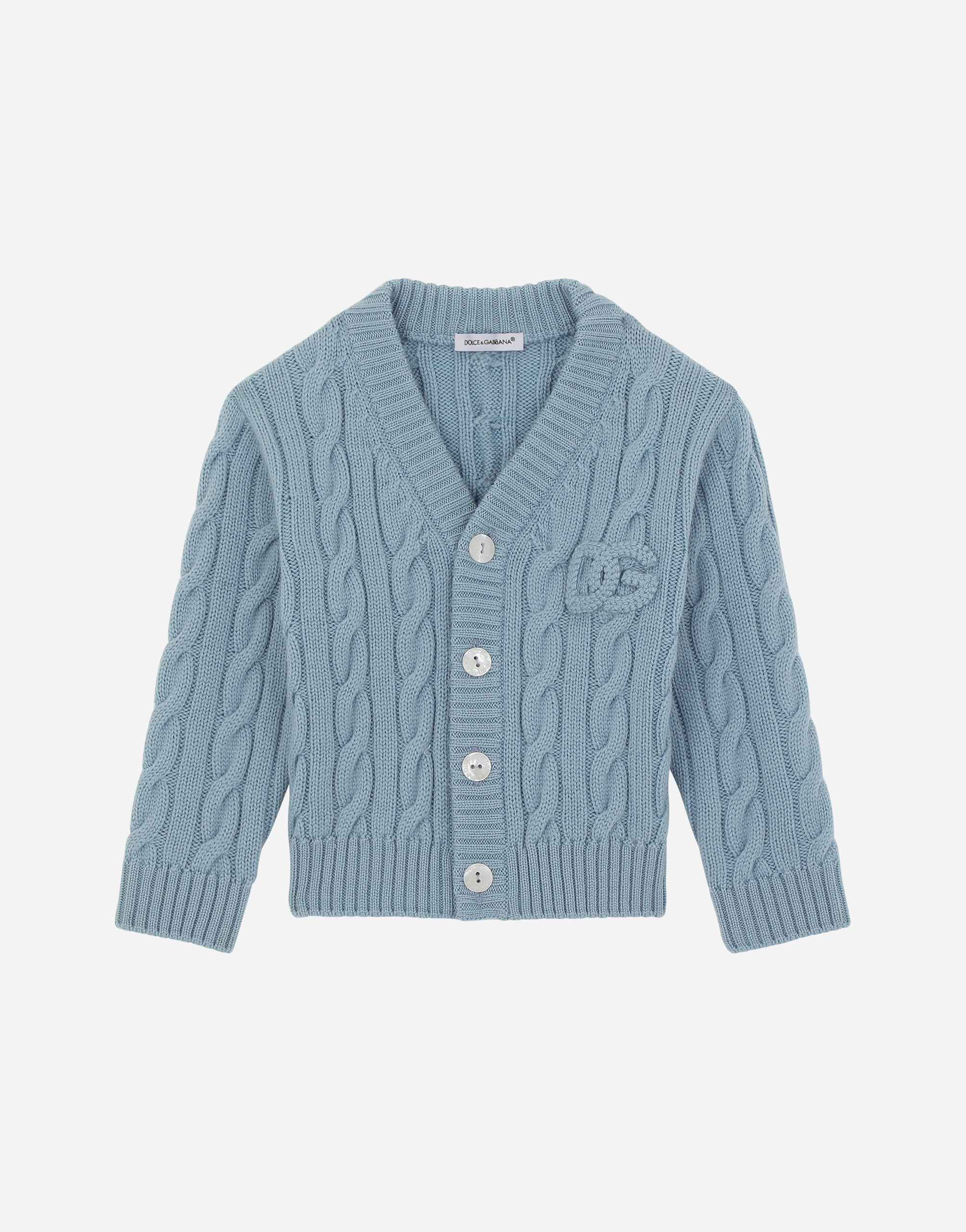 Cable-knit cardigan with DG logo patch in Azure