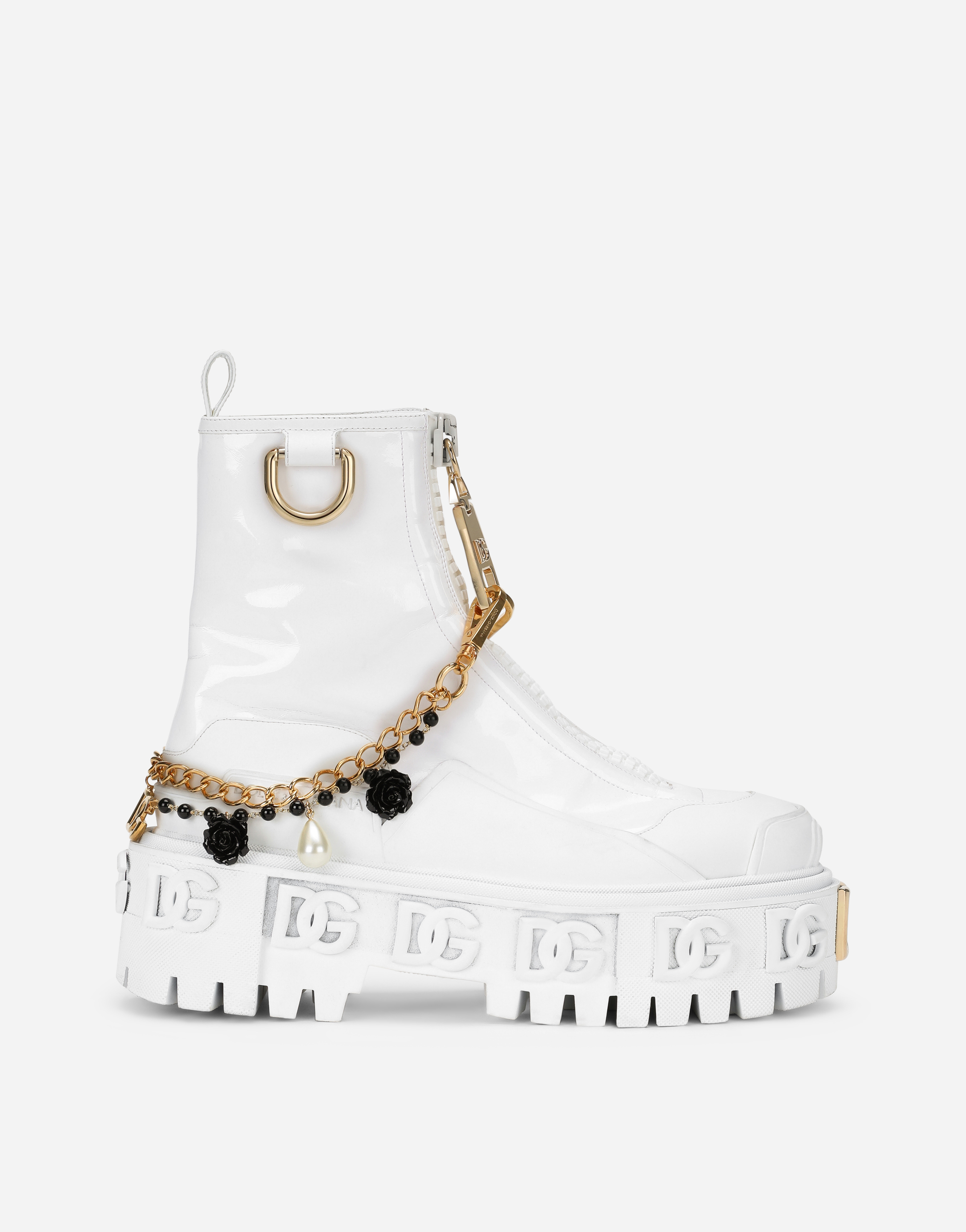 Rubberized calfskin and patent leather ankle boots with bejeweled chain and DG logo in White