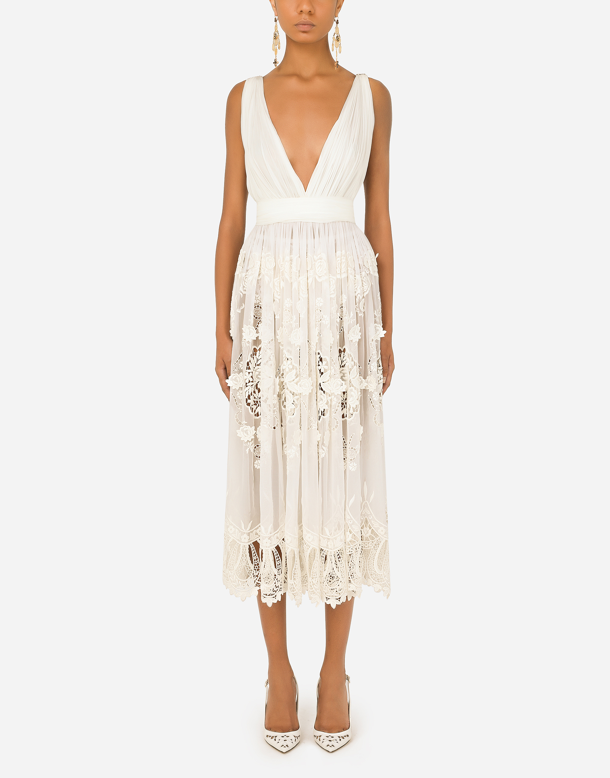Long chiffon dress with crystal mesh embroidery in White