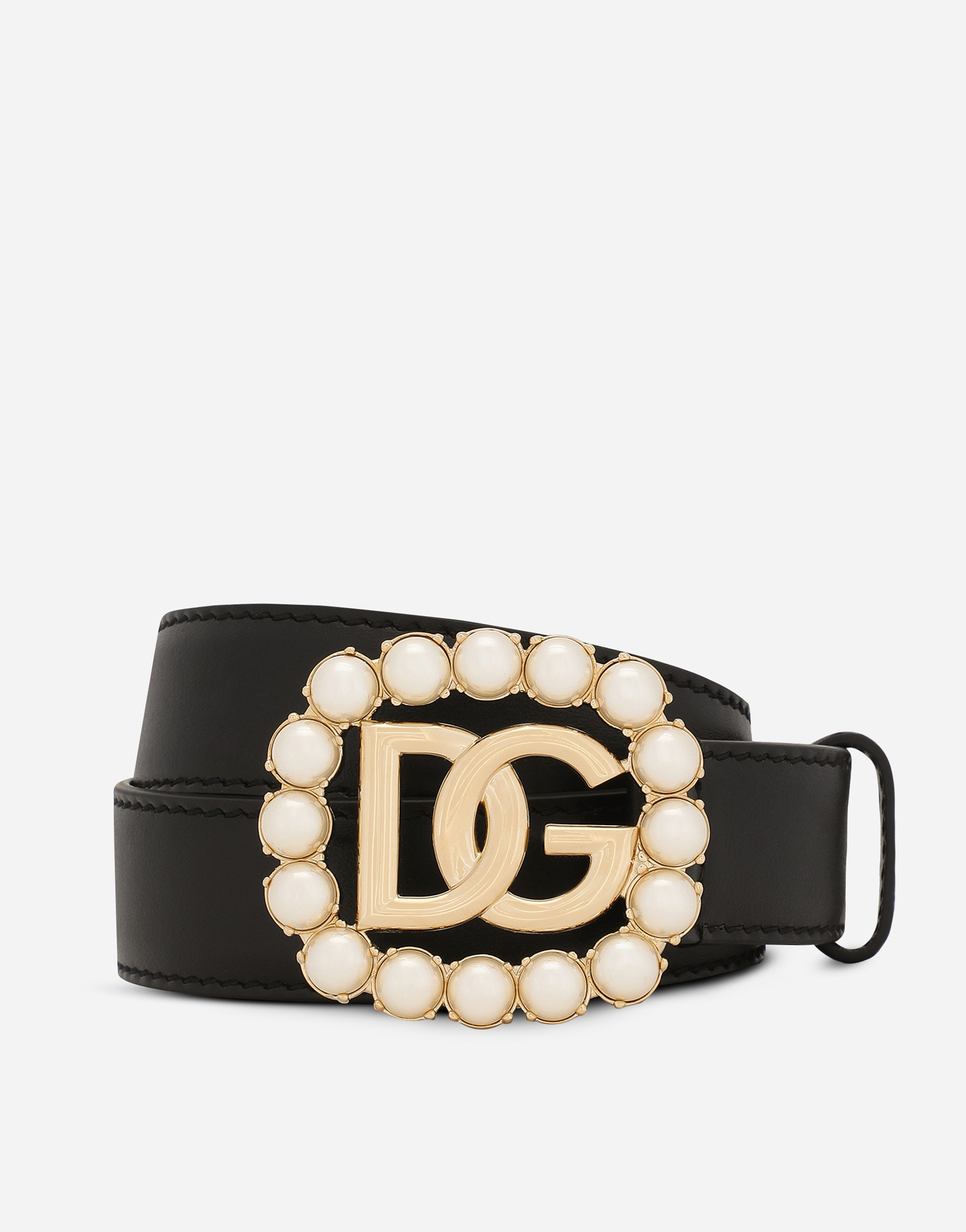 Calfskin belt with DG logo with pearls in Black