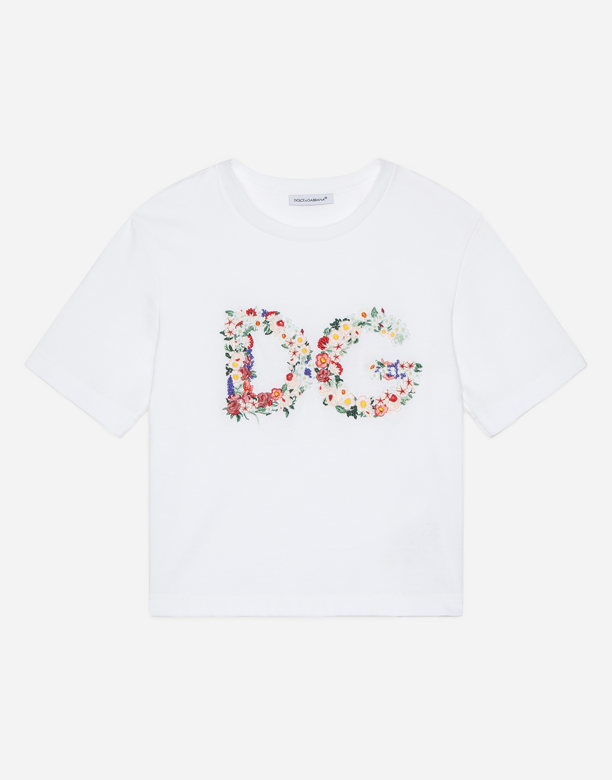 Dolce & Gabbana Kids' Jersey T-shirt With Floral Dg Embroidery In White